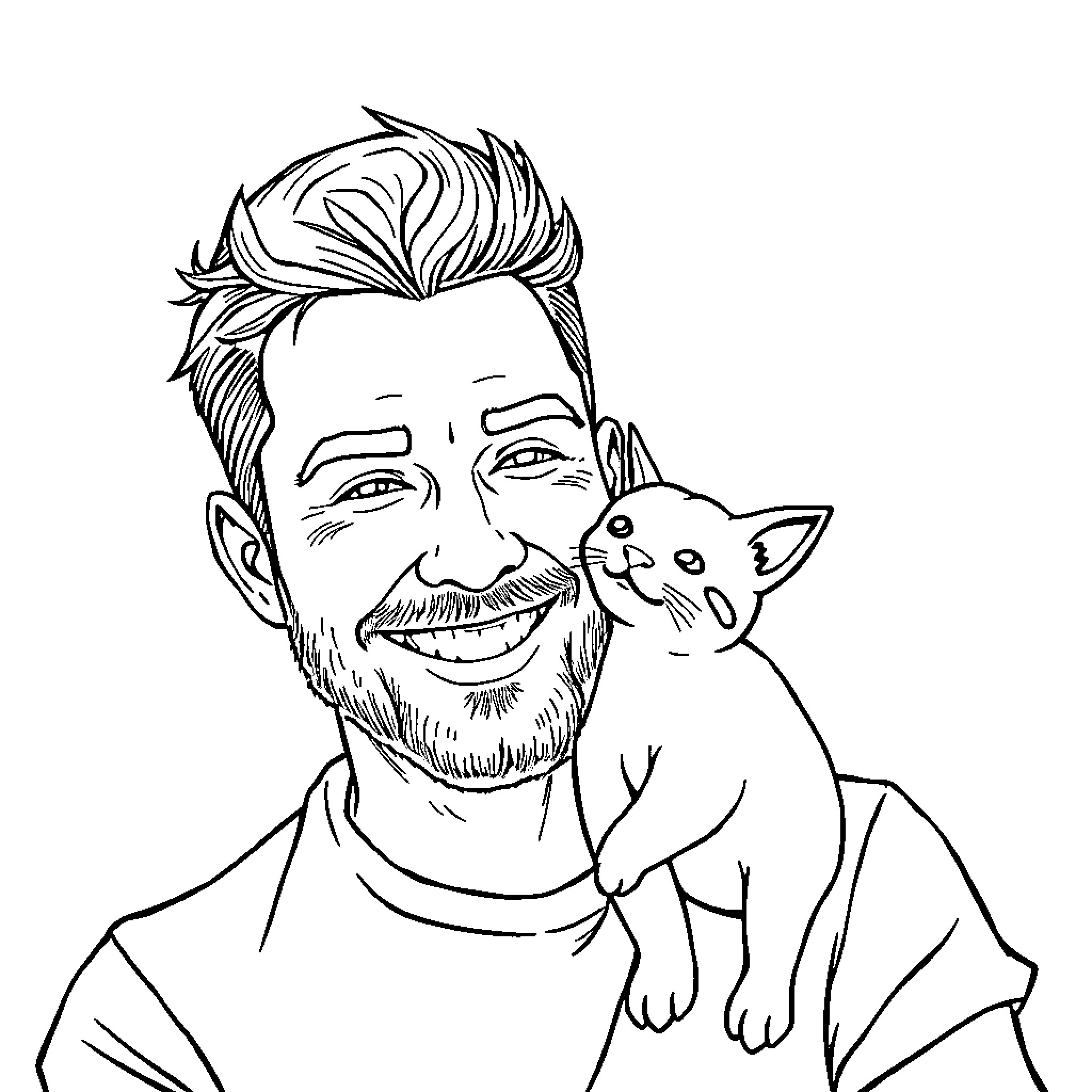 Man petting friendly cat with affection Coloring Page (free black-and-white line drawing printable PDF for all, from beginners to advanced learners, including children, teens, adults, and seniors)