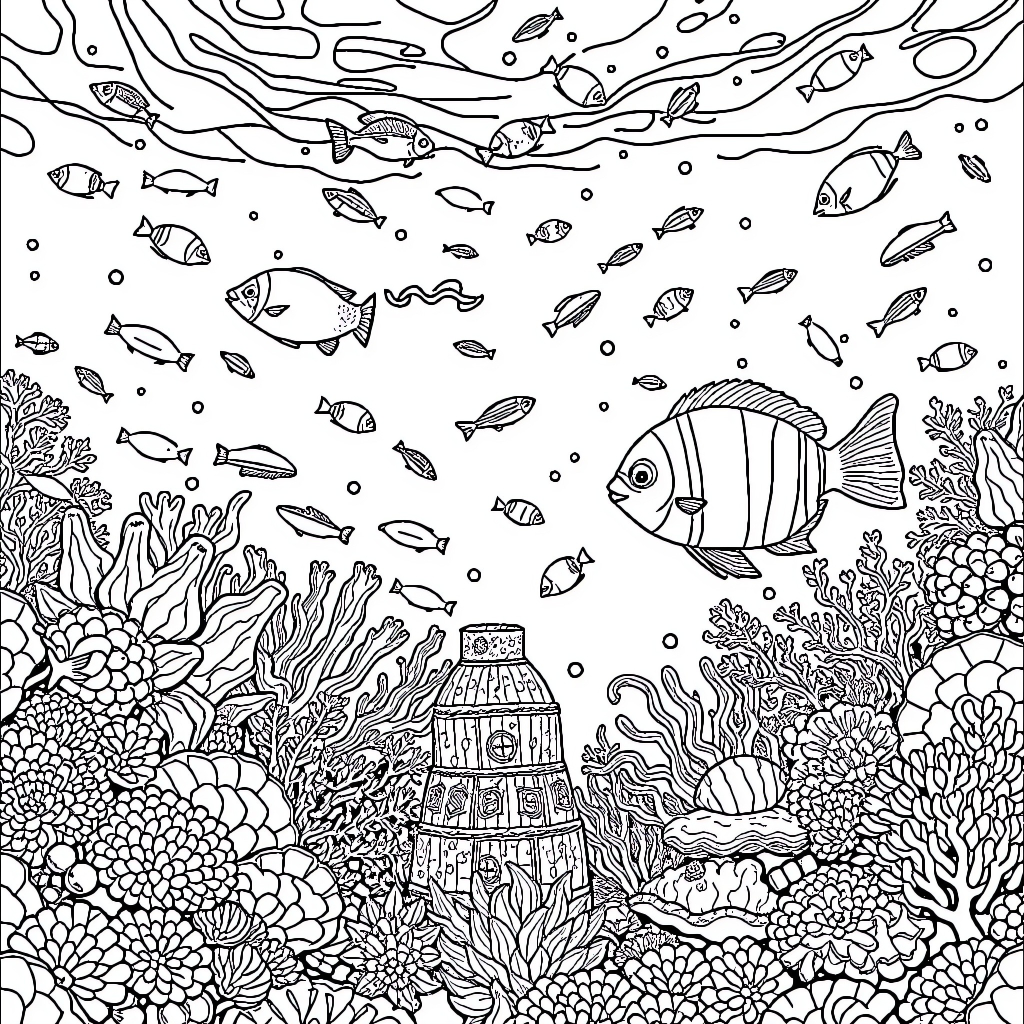 Underwater Aquatic Exploration Coloring Page (free black-and-white line drawing printable PDF for all, from beginners to advanced learners, including children, teens, adults, and seniors)