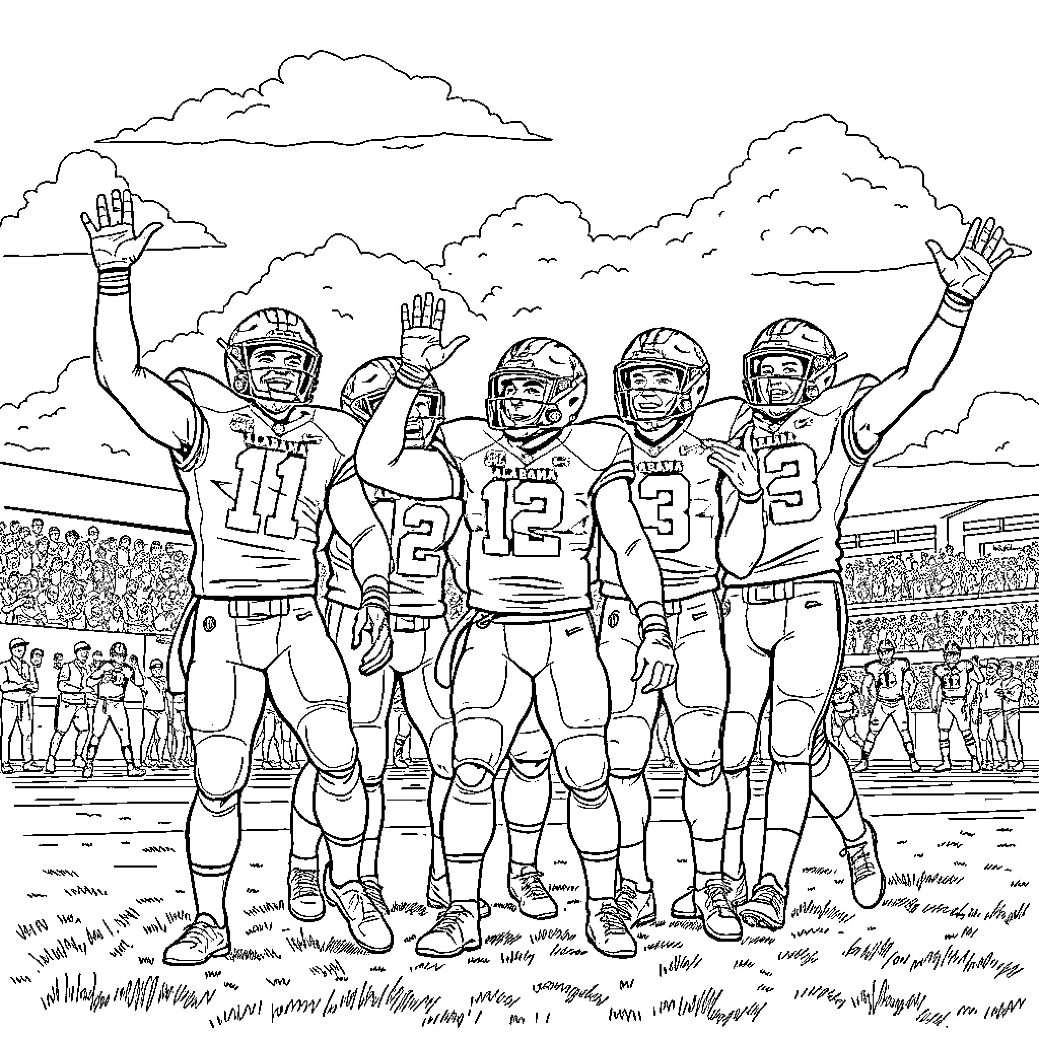 Football players celebrating victory on the field Coloring Page (free black-and-white line drawing printable PDF for all, from beginners to advanced learners, including children, teens, adults, and seniors)
