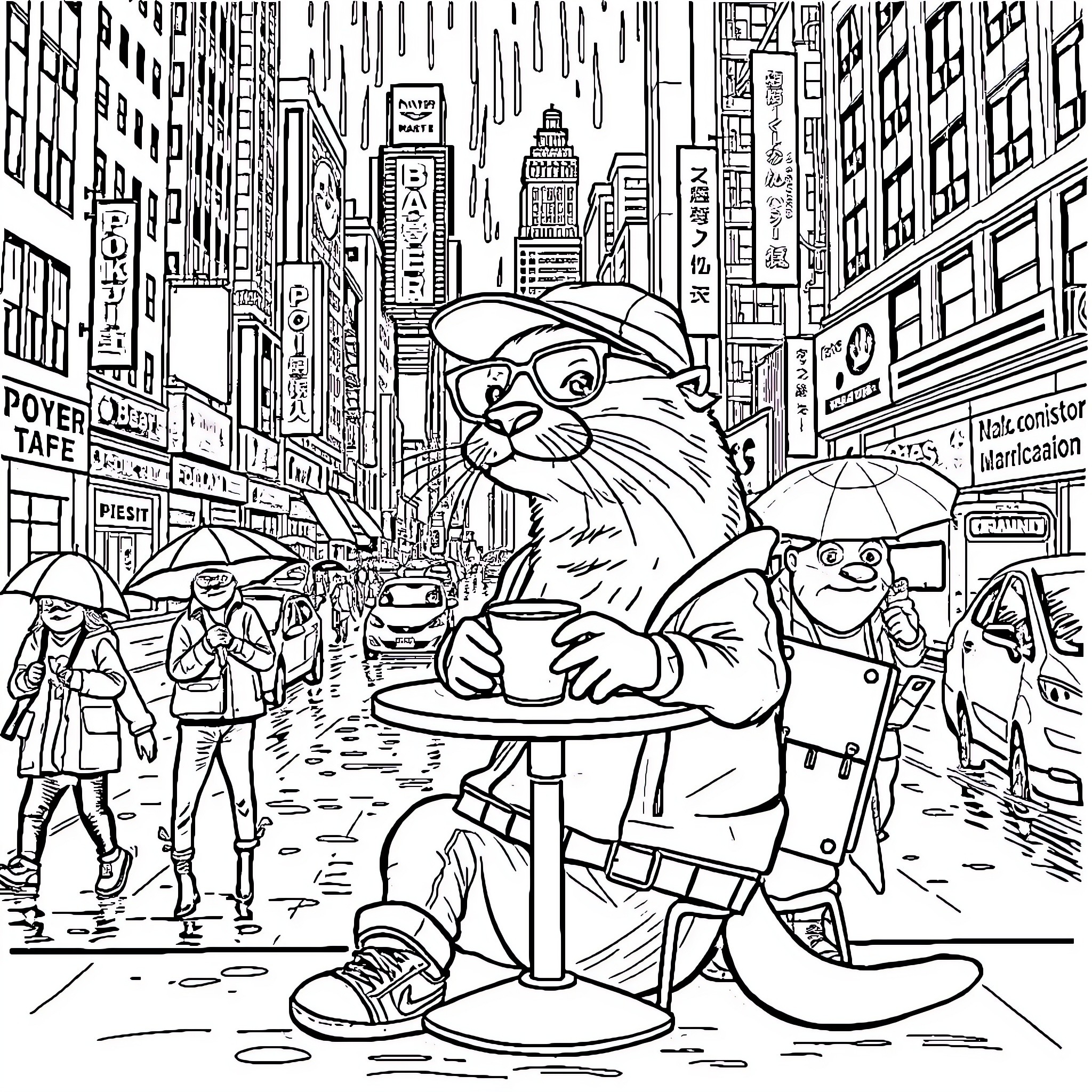 Otter Enjoying Coffee in Bustling City Street Coloring Page (free black-and-white line drawing printable PDF for all, from beginners to advanced learners, including children, teens, adults, and seniors)