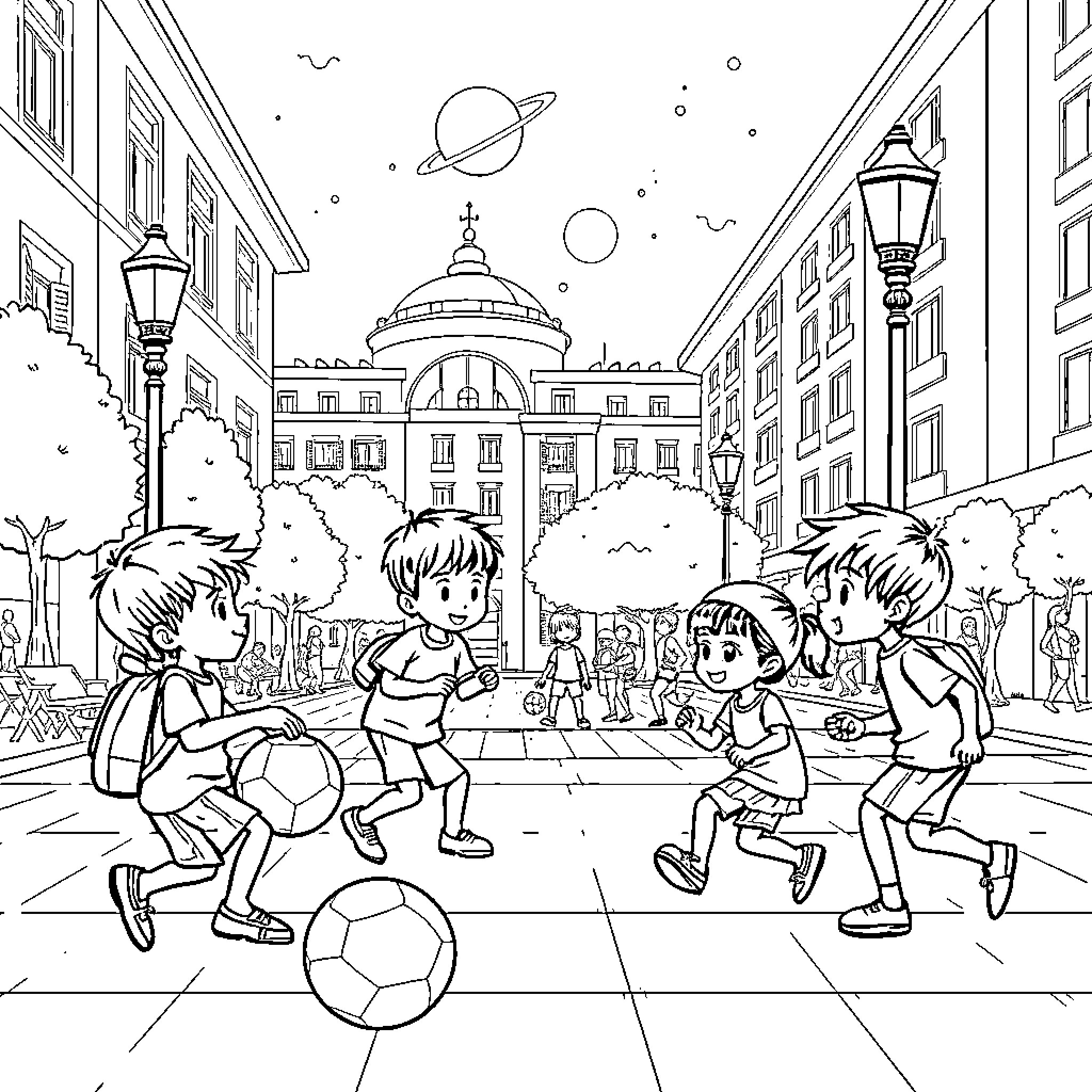 Child Plays Soccer in the City Streets Coloring Page (free black-and-white line drawing printable PDF for all, from beginners to advanced learners, including children, teens, adults, and seniors)