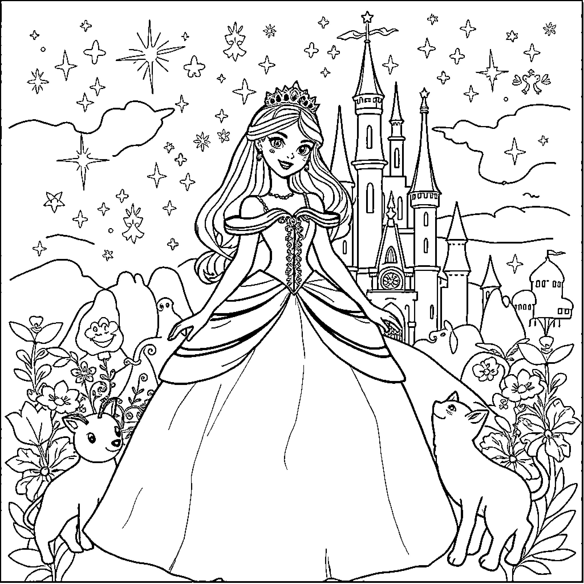 Princess in Magical Castle Surrounded by Enchanting Elements Coloring Page (free black-and-white line drawing printable PDF for all, from beginners to advanced learners, including children, teens, adults, and seniors)