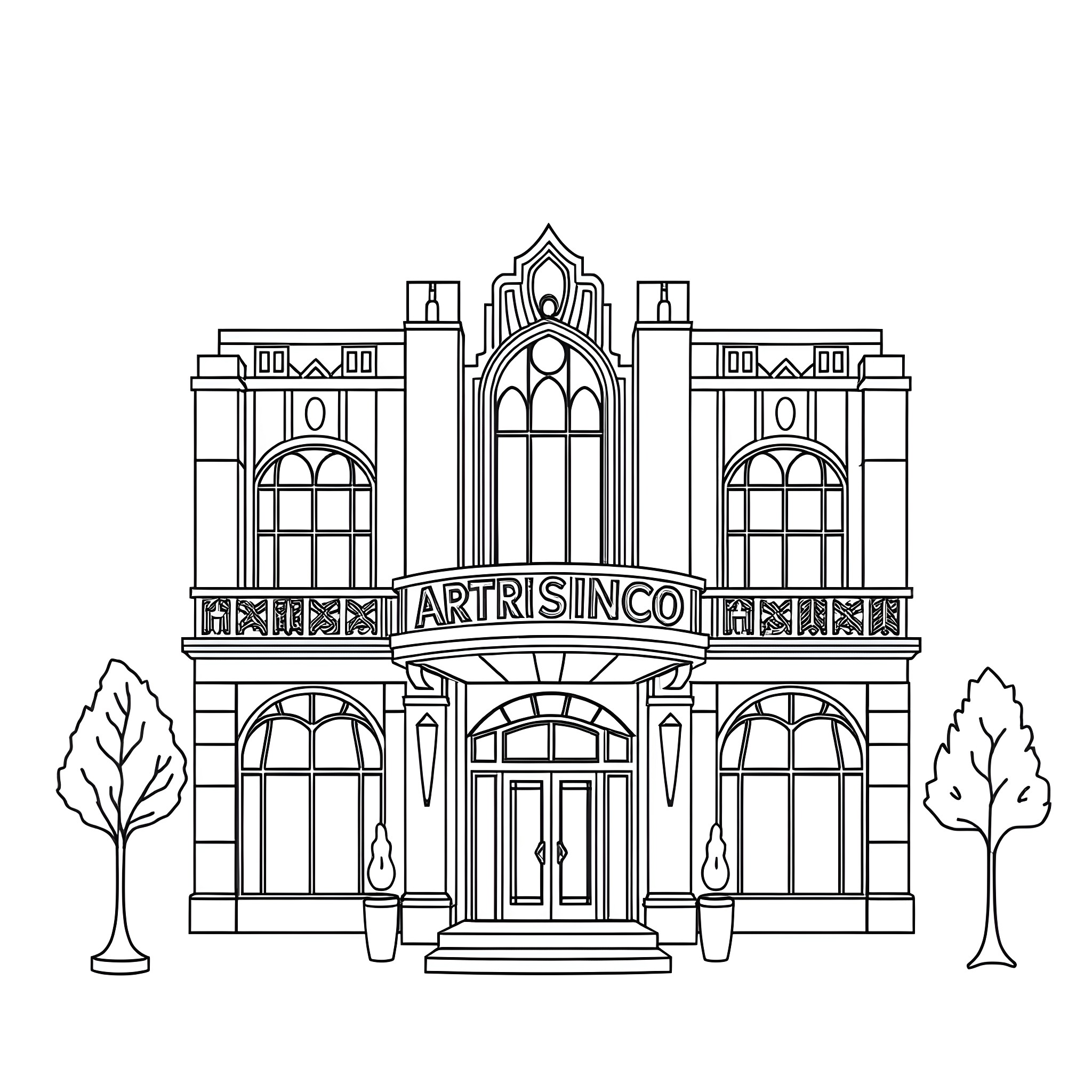 Art Deco Architectural Building with Ornate Facade Coloring Page (free black-and-white line drawing printable PDF for all, from beginners to advanced learners, including children, teens, adults, and seniors)