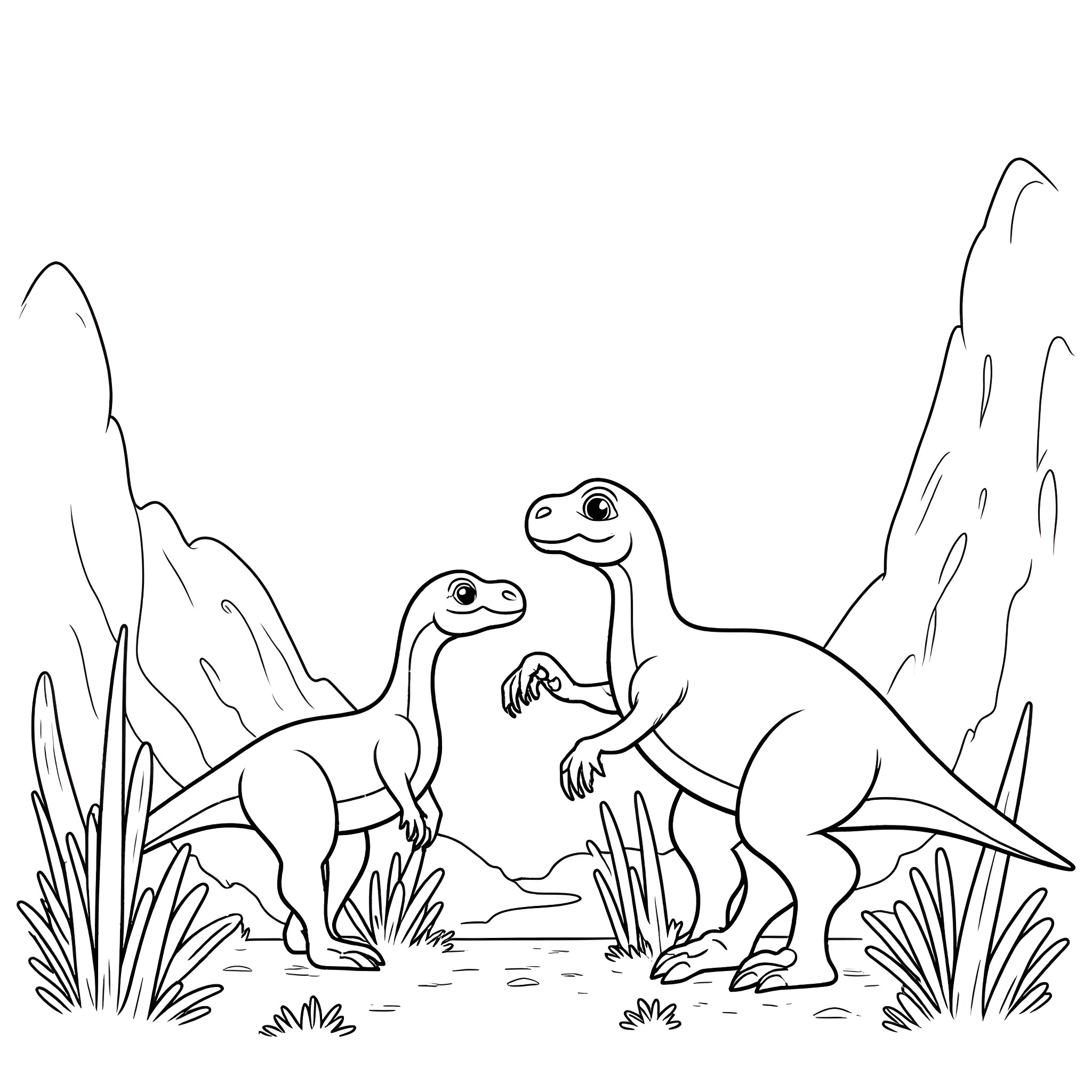 Dinosaur friends exploring the prehistoric landscape Coloring Page (free black-and-white line drawing printable PDF for all, from beginners to advanced learners, including children, teens, adults, and seniors)