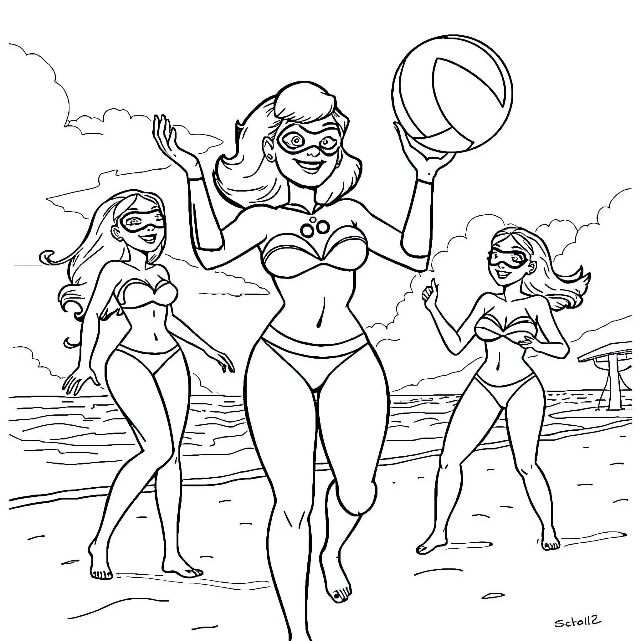 Mrs. Incredible and her superhero friends on the beach Coloring Page (free black-and-white line drawing printable PDF for all, from beginners to advanced learners, including children, teens, adults, and seniors)