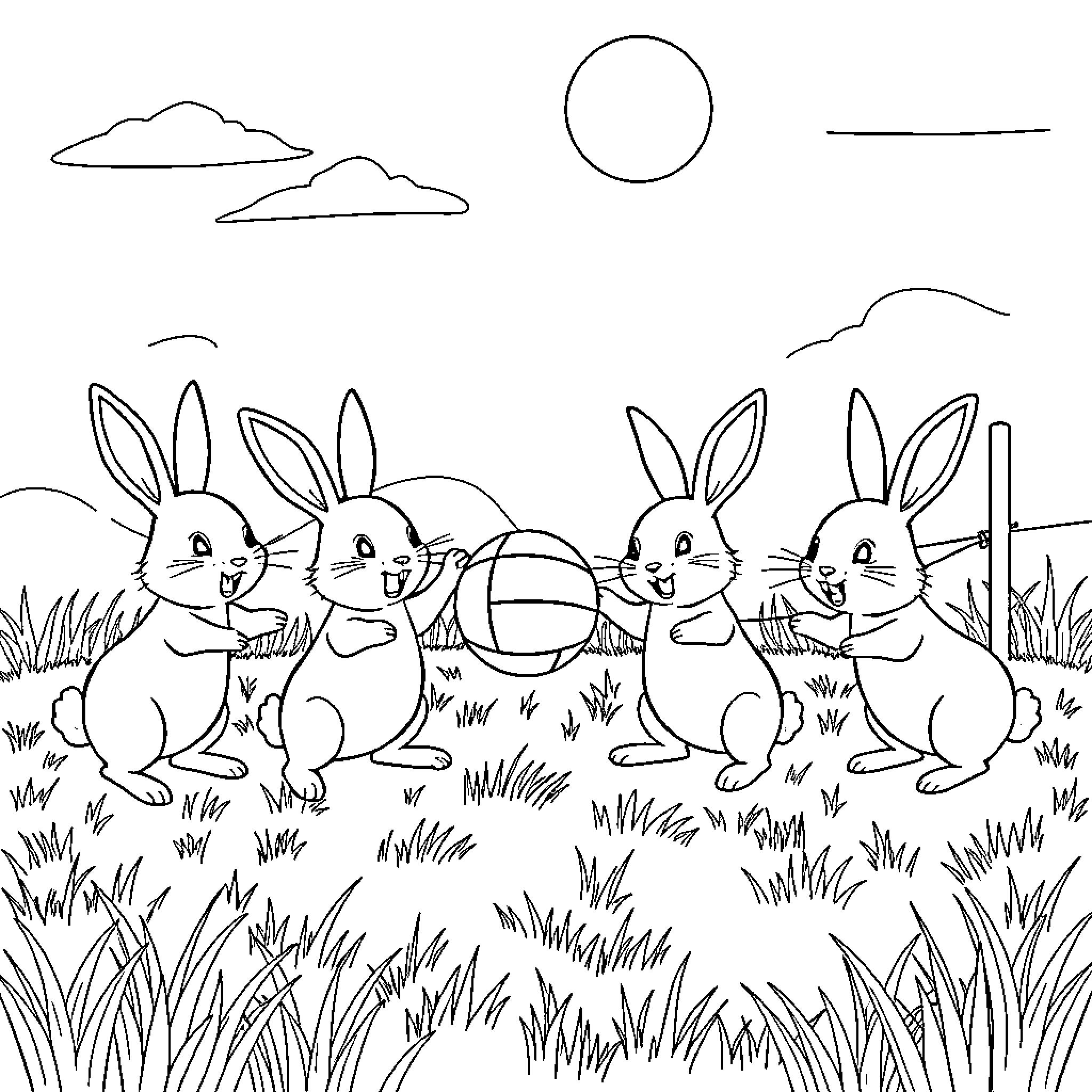 Rabbit family playing in the meadow Coloring Page (free black-and-white line drawing printable PDF for all, from beginners to advanced learners, including children, teens, adults, and seniors)