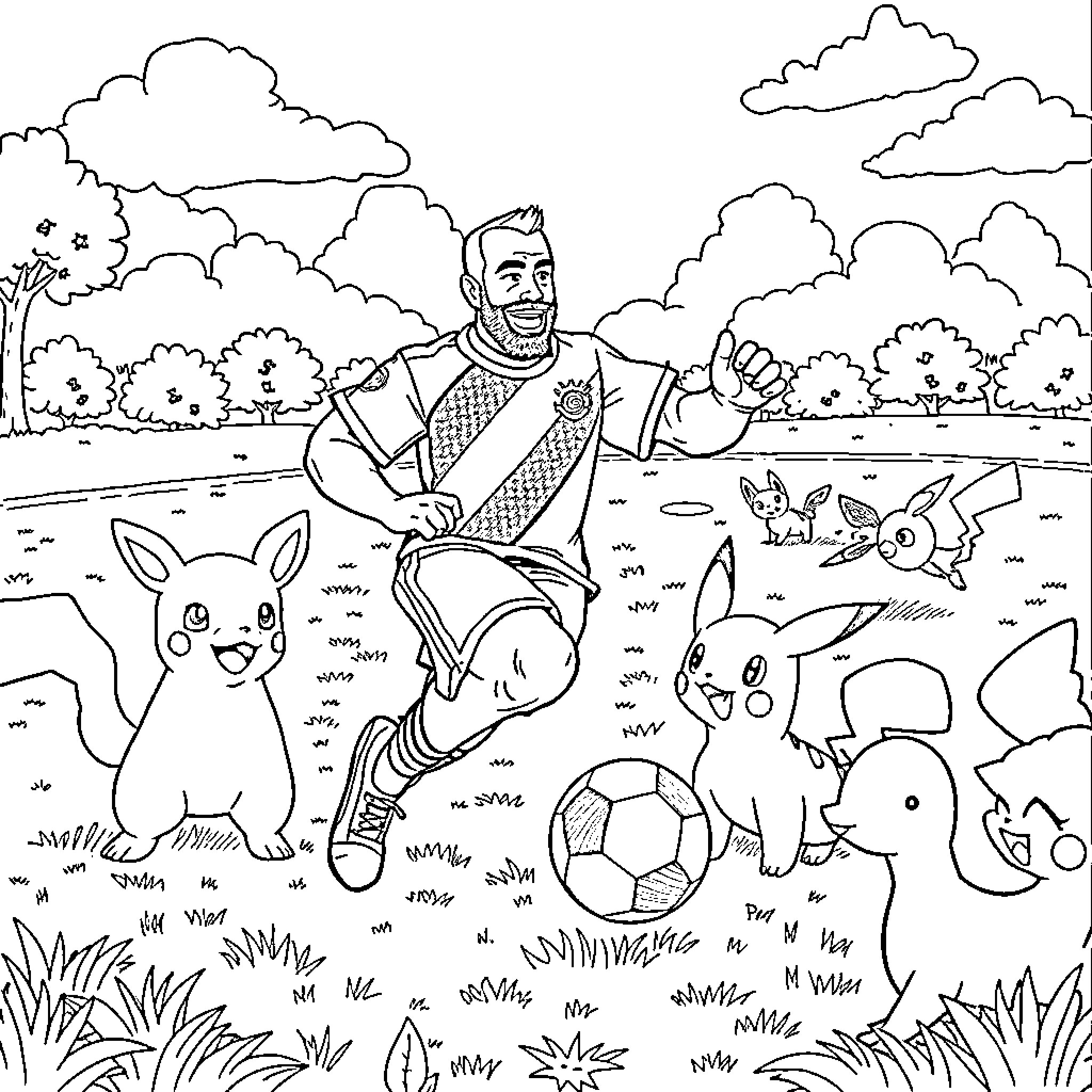 Mr T playing with adorable animals in the park Coloring Page (free black-and-white line drawing printable PDF for all, from beginners to advanced learners, including children, teens, adults, and seniors)