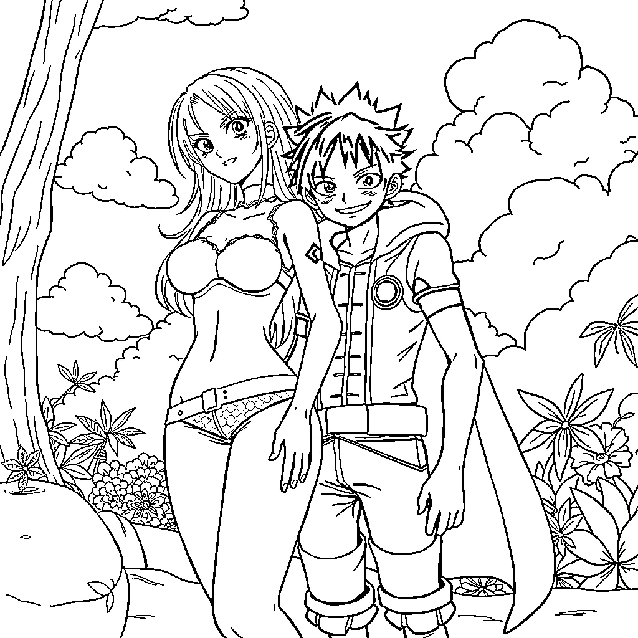 Nami and Luffy exploring the tropical forest Coloring Page (free black-and-white line drawing printable PDF for all, from beginners to advanced learners, including children, teens, adults, and seniors)