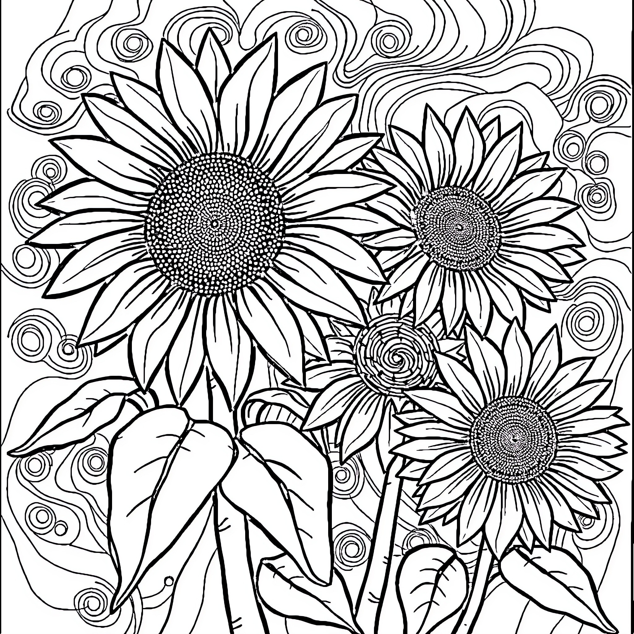 Sunflowers in a Whimsical Garden Coloring Page (free black-and-white line drawing printable PDF for all, from beginners to advanced learners, including children, teens, adults, and seniors)