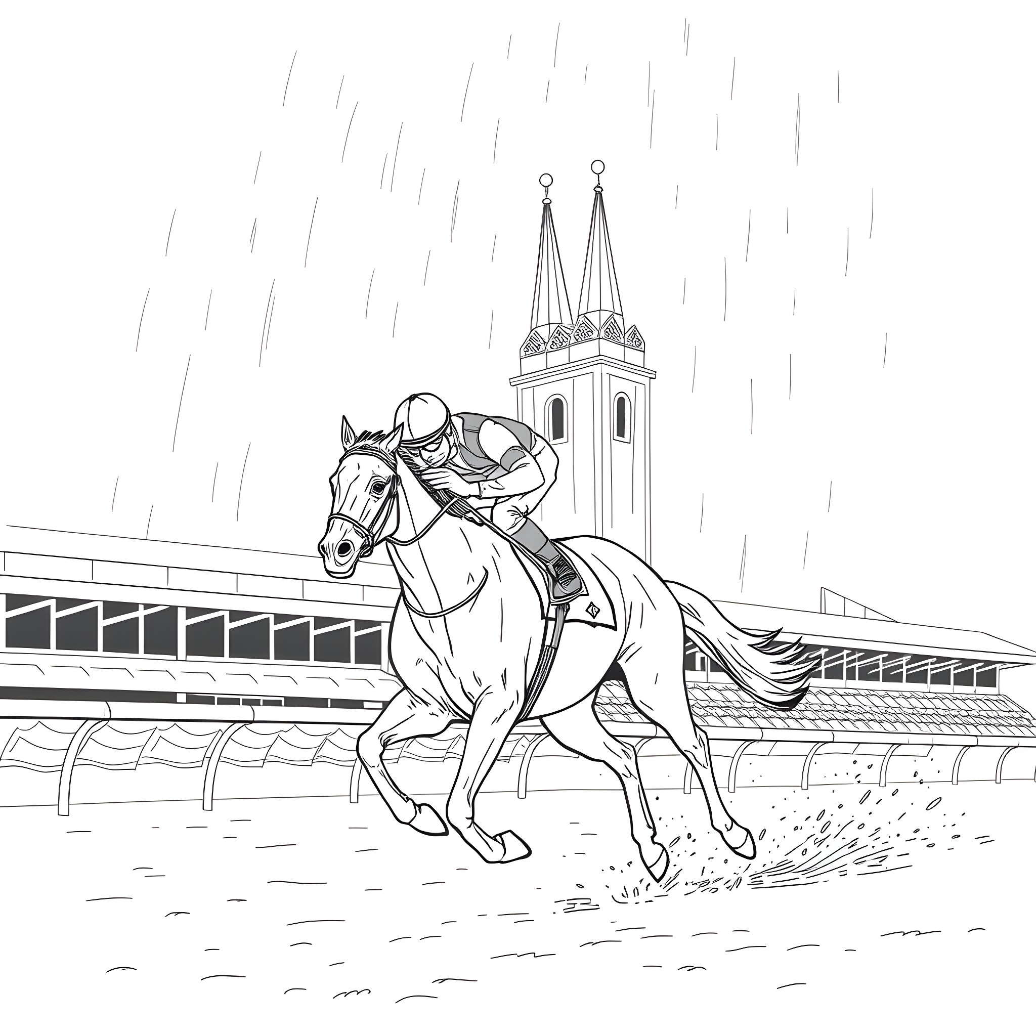 Racehorse galloping on the track near iconic church Coloring Page (free black-and-white line drawing printable PDF for all, from beginners to advanced learners, including children, teens, adults, and seniors)