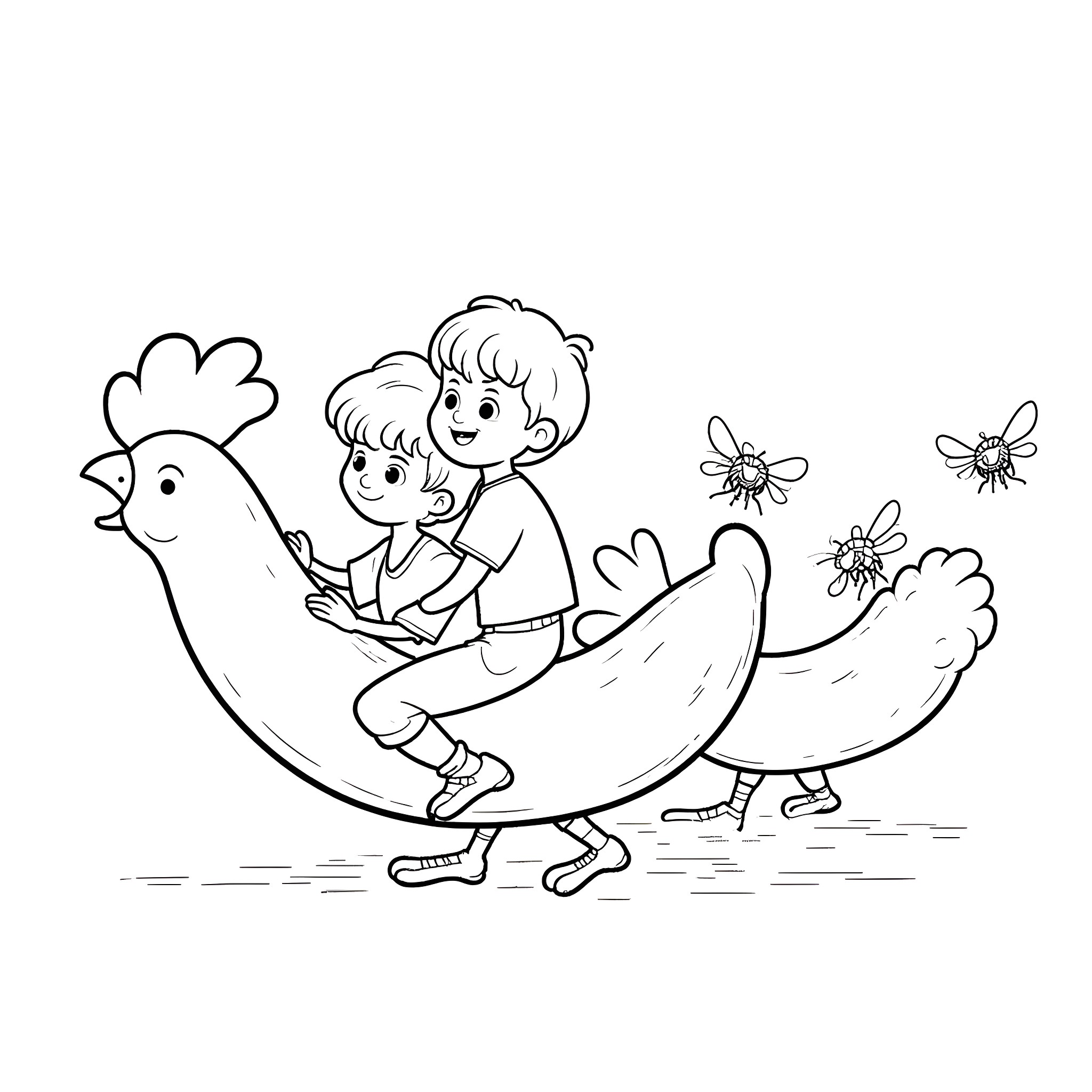 Chicken friends playing and exploring together Coloring Page (free black-and-white line drawing printable PDF for all, from beginners to advanced learners, including children, teens, adults, and seniors)