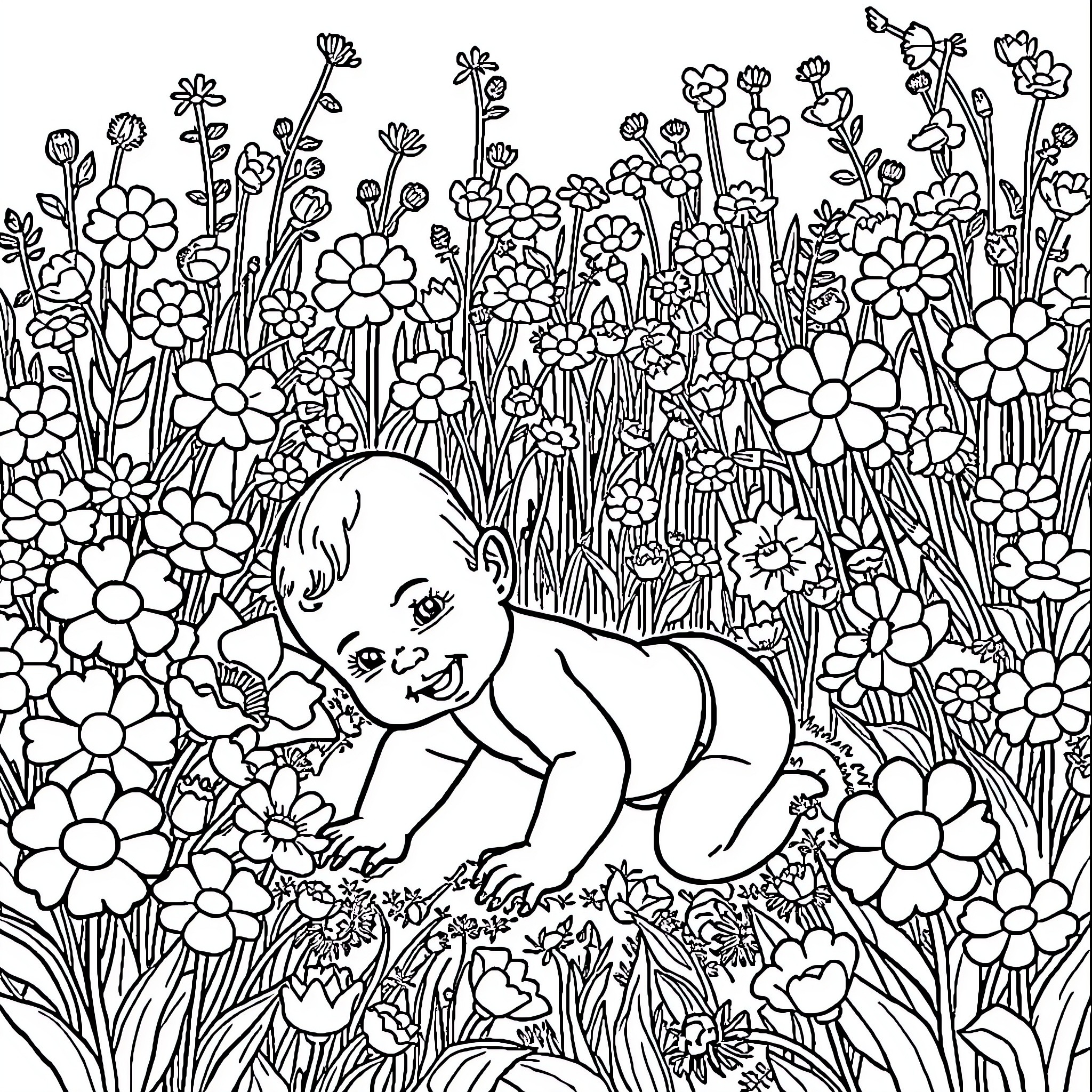 Baby crawling through the flower garden Coloring Page (free black-and-white line drawing printable PDF for all, from beginners to advanced learners, including children, teens, adults, and seniors)