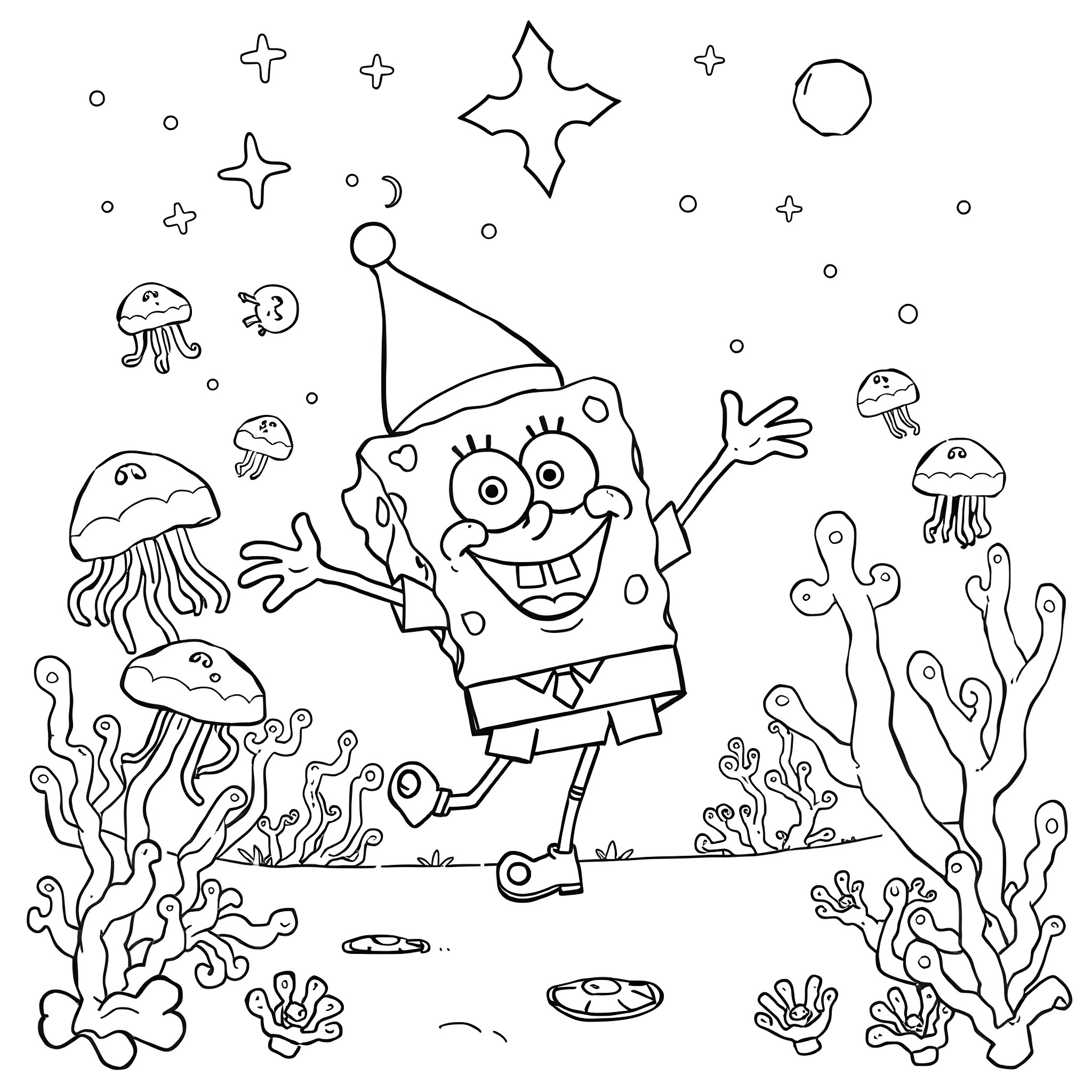 Spongebob explores the underwater world with marine life Coloring Page (free black-and-white line drawing printable PDF for all, from beginners to advanced learners, including children, teens, adults, and seniors)