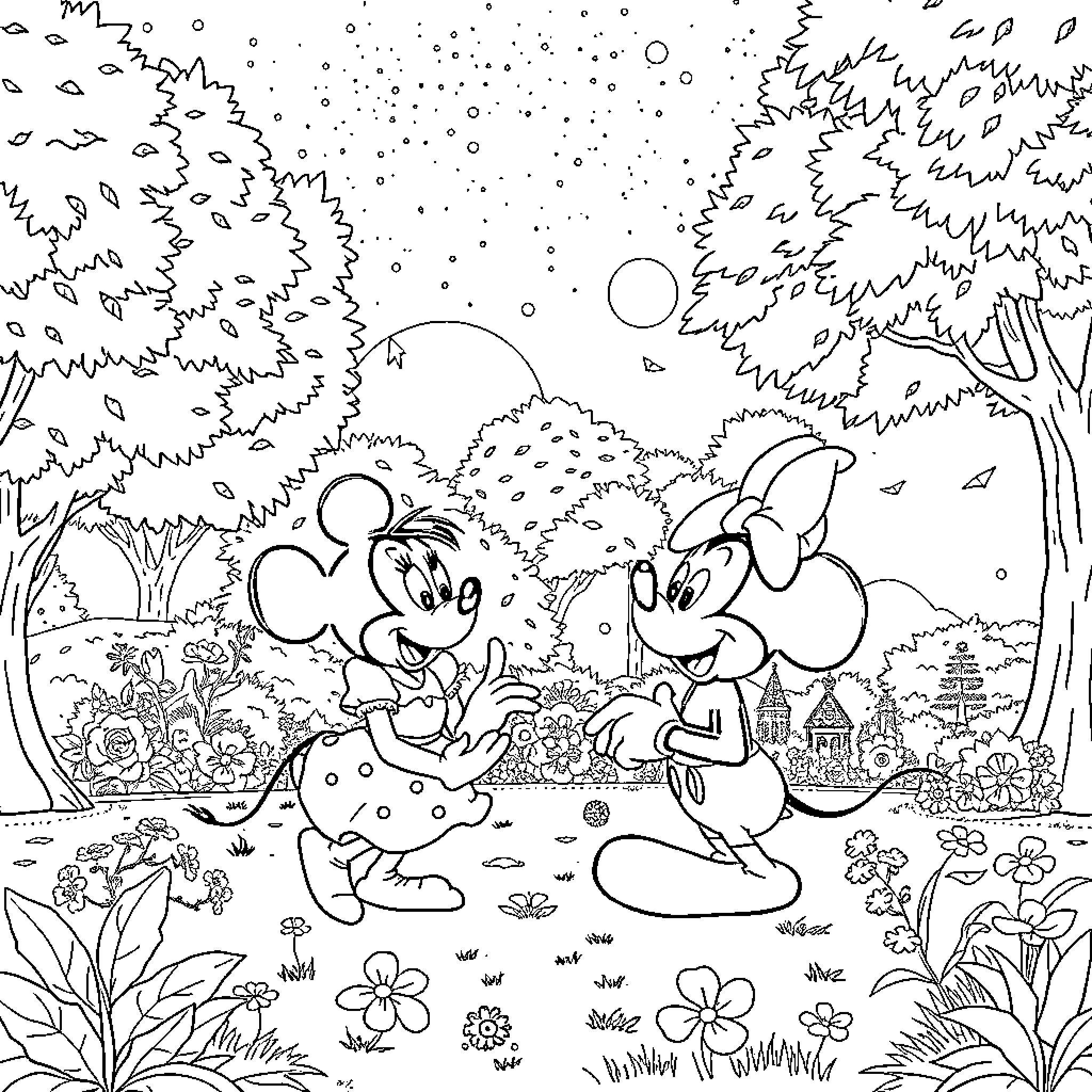 Disney Characters in Whimsical Nature Scene Coloring Page (free black-and-white line drawing printable PDF for all, from beginners to advanced learners, including children, teens, adults, and seniors)