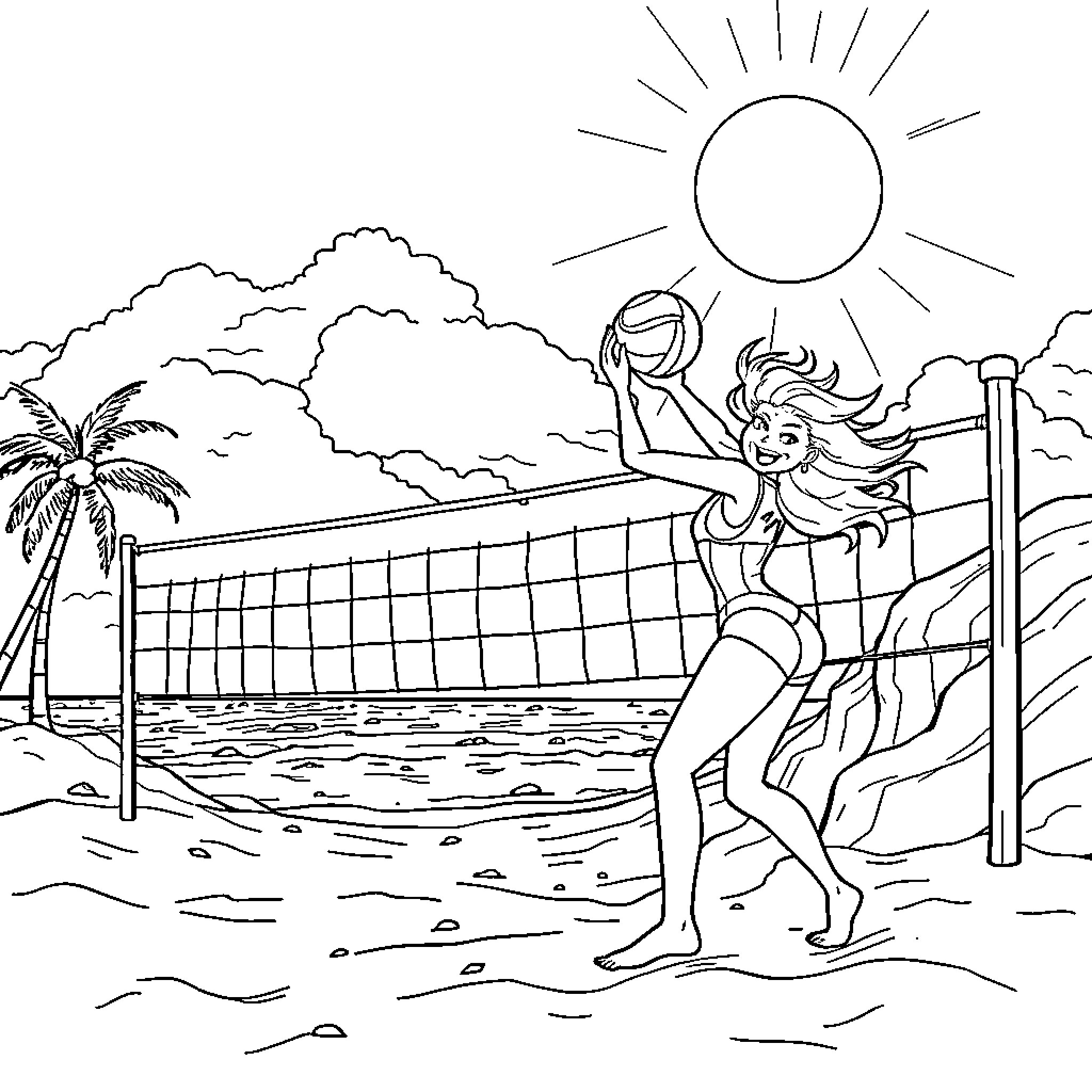 Blaze of Summer Fun at the Beach Coloring Page (free black-and-white line drawing printable PDF for all, from beginners to advanced learners, including children, teens, adults, and seniors)