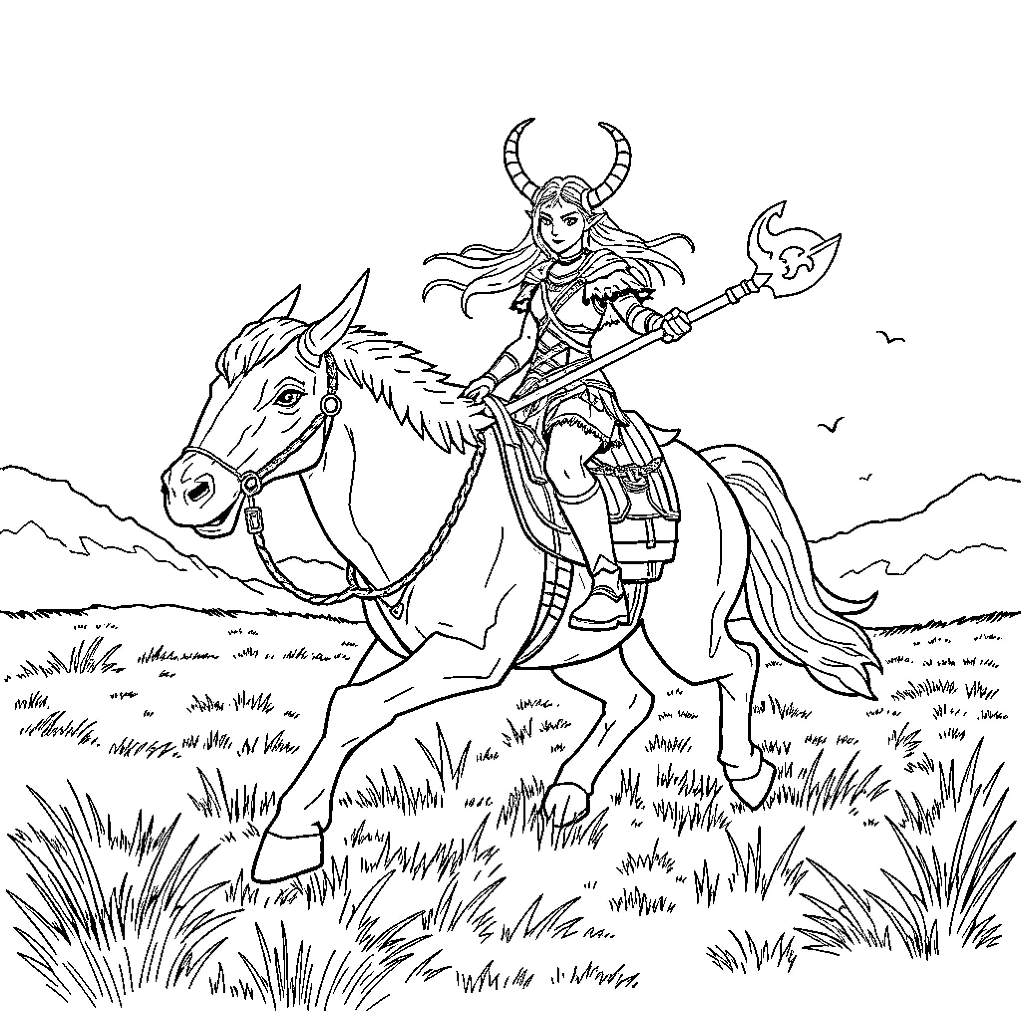 Draenei warrior riding a majestic horse across the field Coloring Page (free black-and-white line drawing printable PDF for all, from beginners to advanced learners, including children, teens, adults, and seniors)
