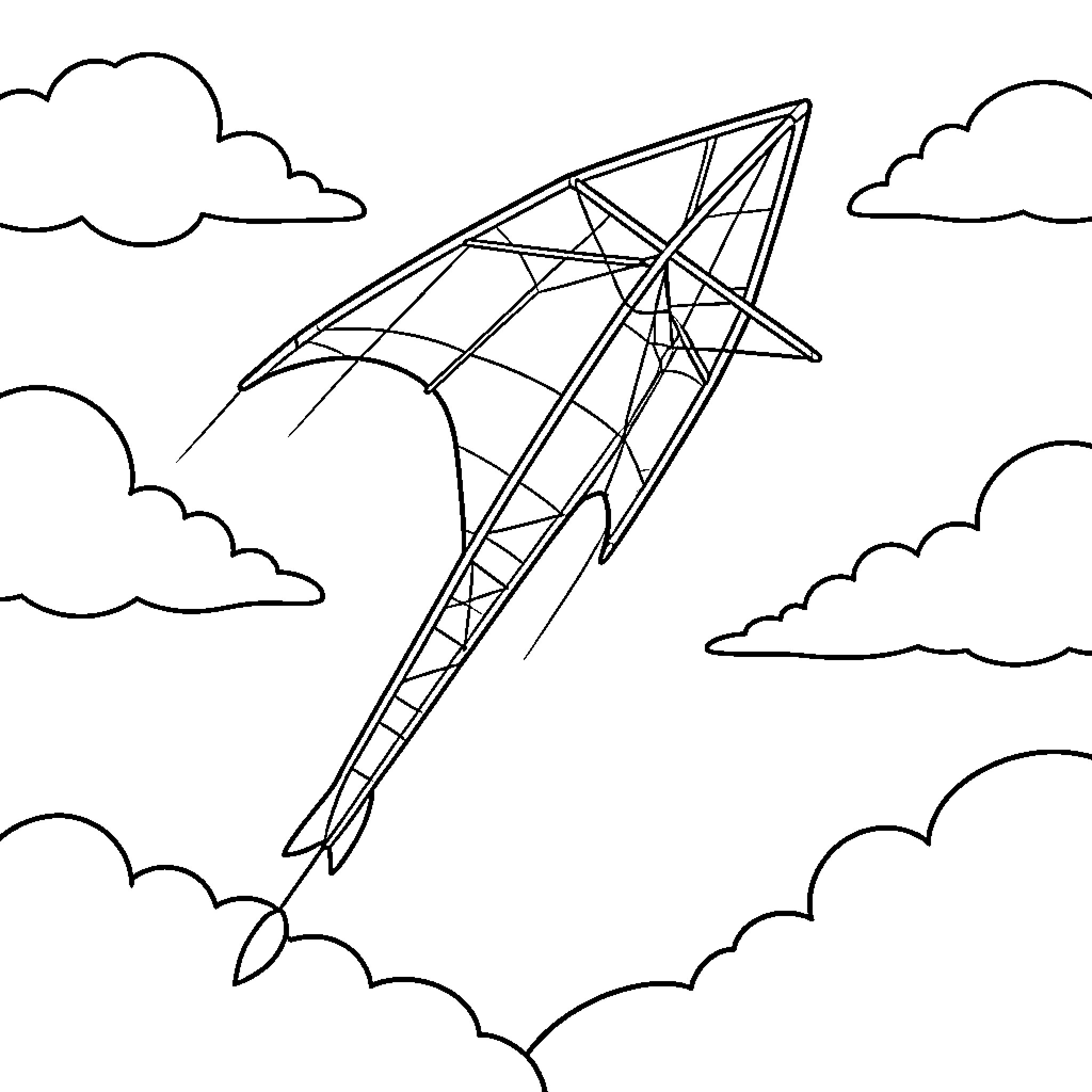 Kite flying high among the fluffy clouds Coloring Page (free black-and-white line drawing printable PDF for all, from beginners to advanced learners, including children, teens, adults, and seniors)