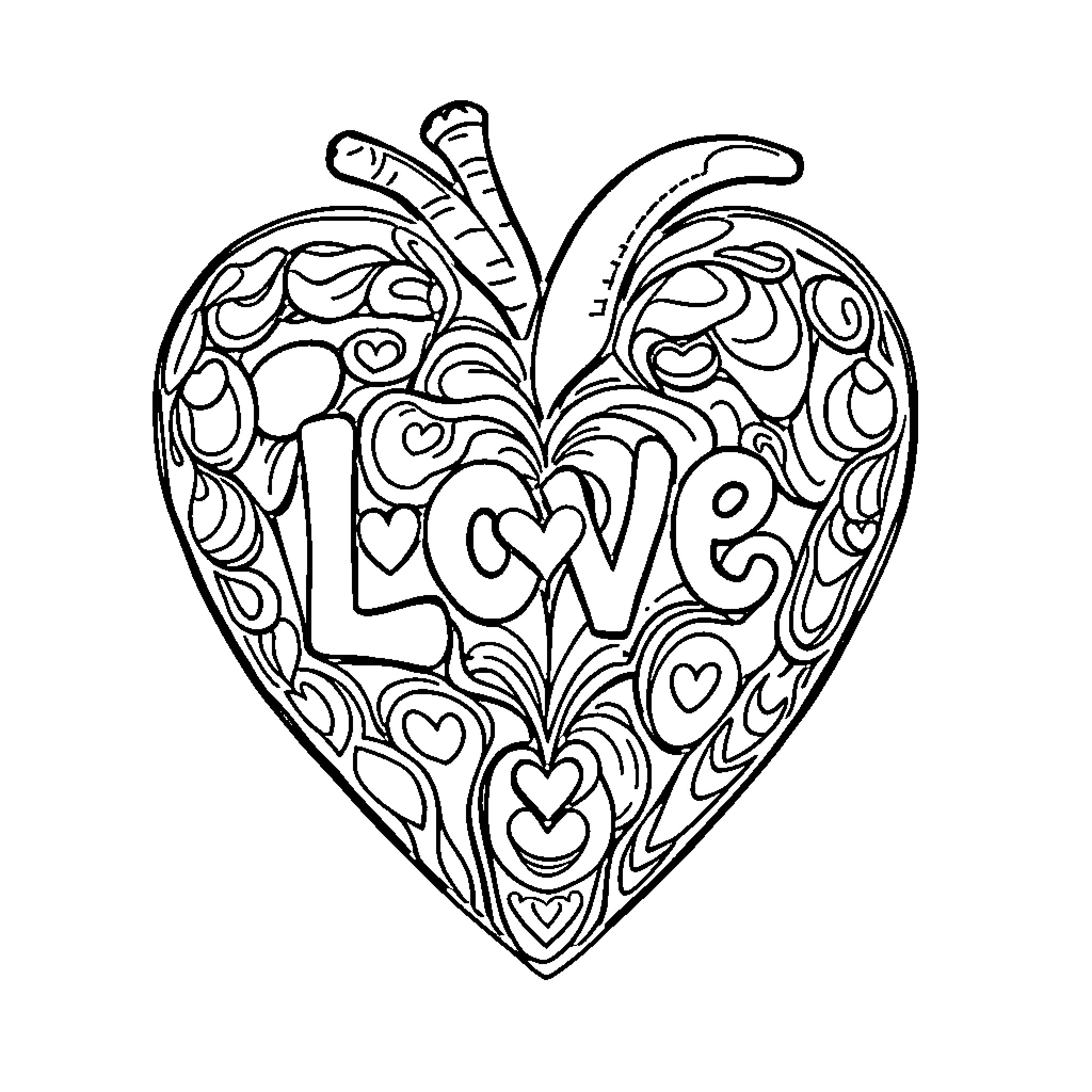 Heart filled with love and abstract patterns Coloring Page (free black-and-white line drawing printable PDF for all, from beginners to advanced learners, including children, teens, adults, and seniors)
