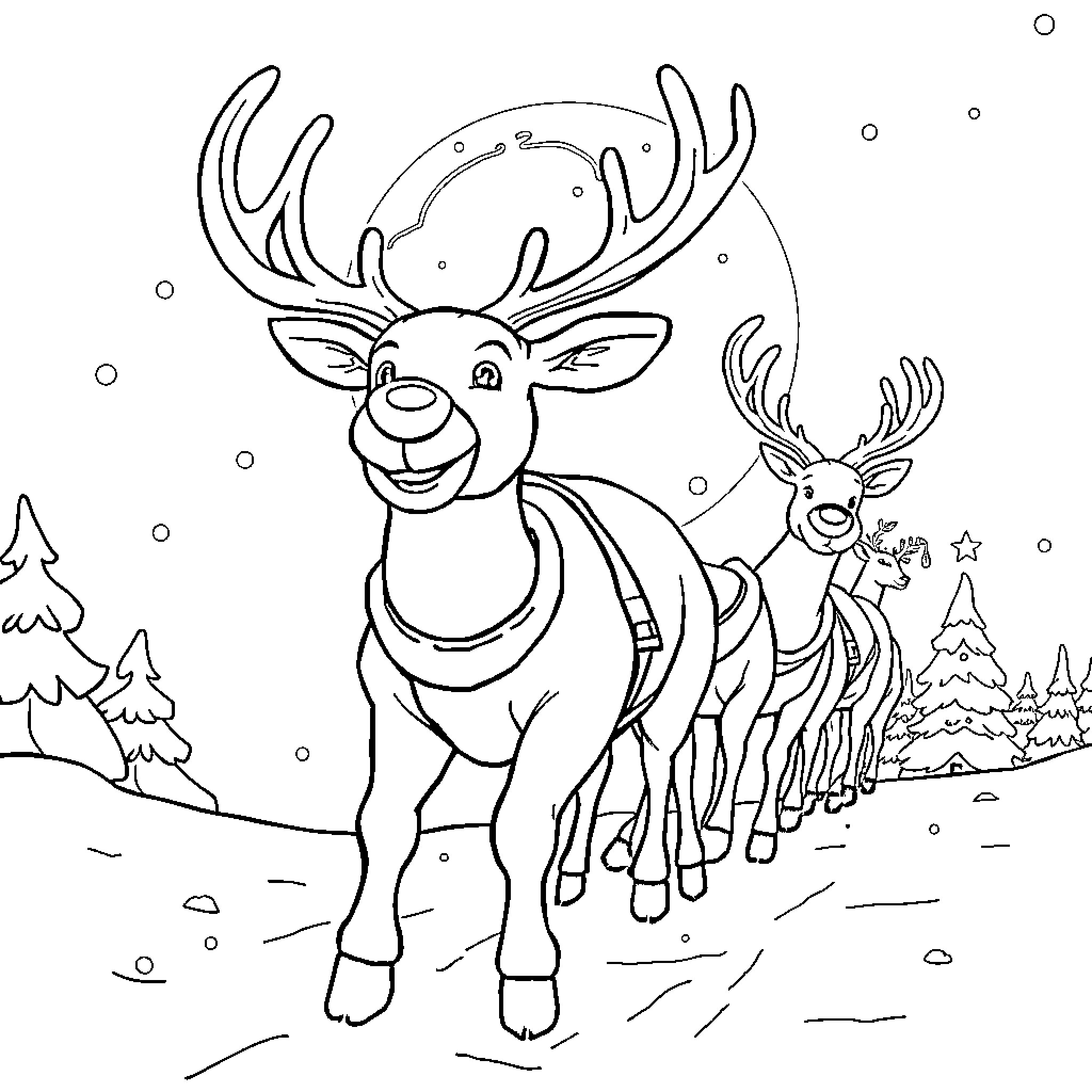 Reindeer enjoying a snowy winter scene Coloring Page (free black-and-white line drawing printable PDF for all, from beginners to advanced learners, including children, teens, adults, and seniors)