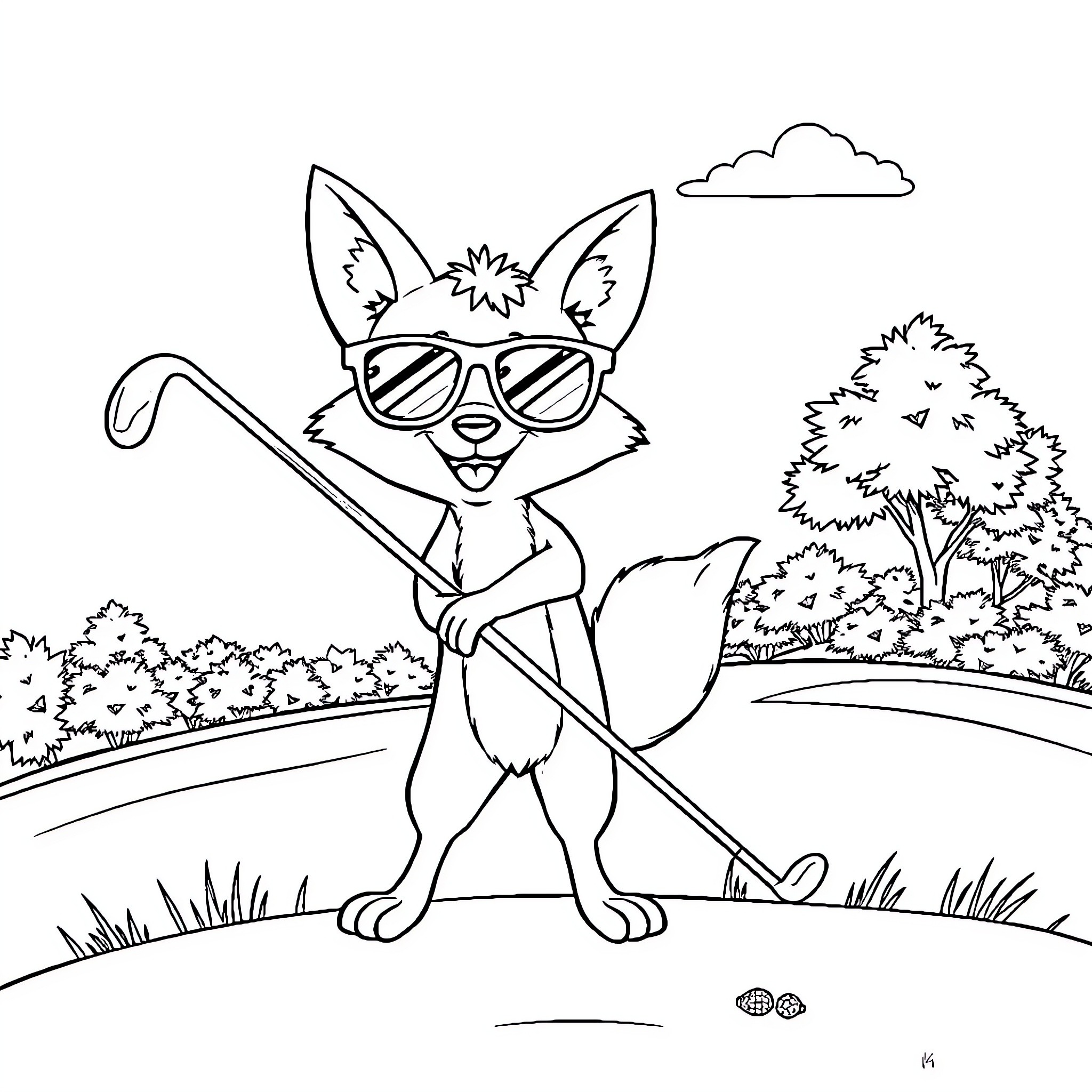 Fox enjoying a sunny day with sunglasses Coloring Page (free black-and-white line drawing printable PDF for all, from beginners to advanced learners, including children, teens, adults, and seniors)