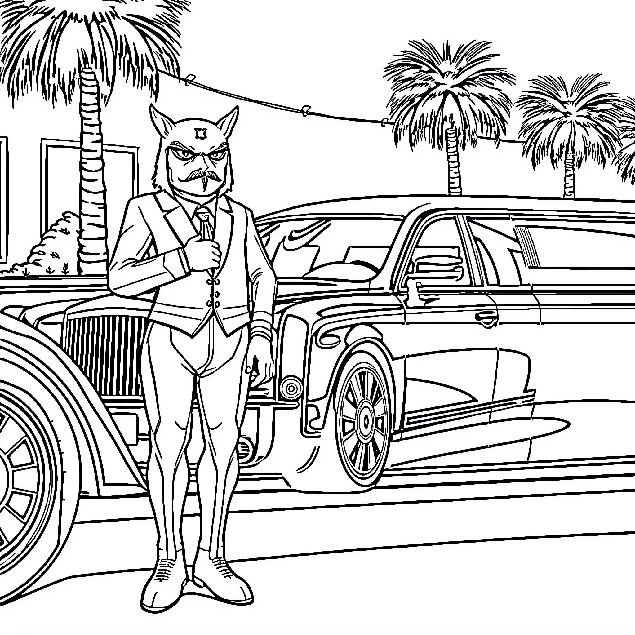Icrimax Businessman Confronts Unusual Creature in Tropical Setting Coloring Page (free black-and-white line drawing printable PDF for all, from beginners to advanced learners, including children, teens, adults, and seniors)
