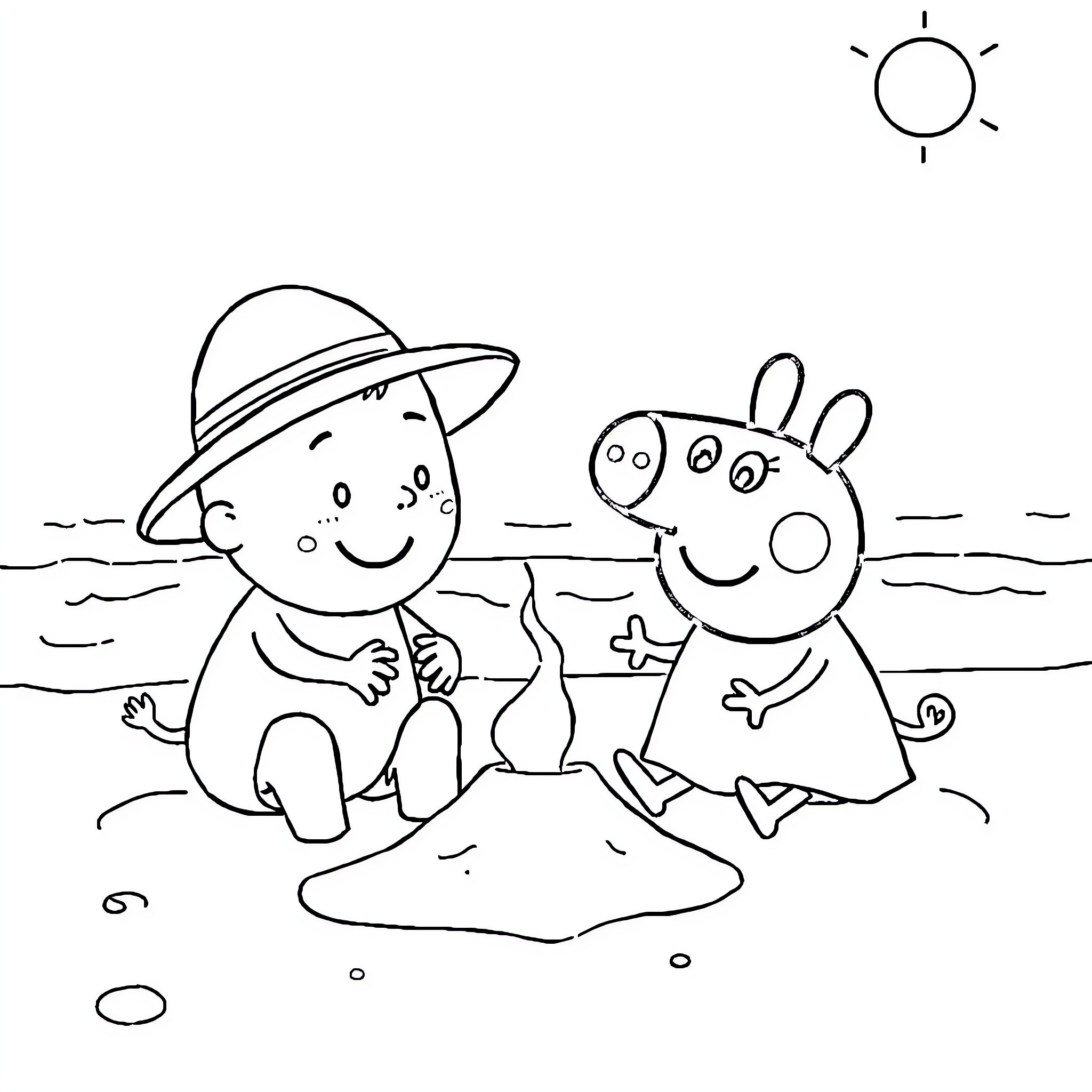 Pocoyo and Peppa Pig playing on the beach Coloring Page (free black-and-white line drawing printable PDF for all, from beginners to advanced learners, including children, teens, adults, and seniors)