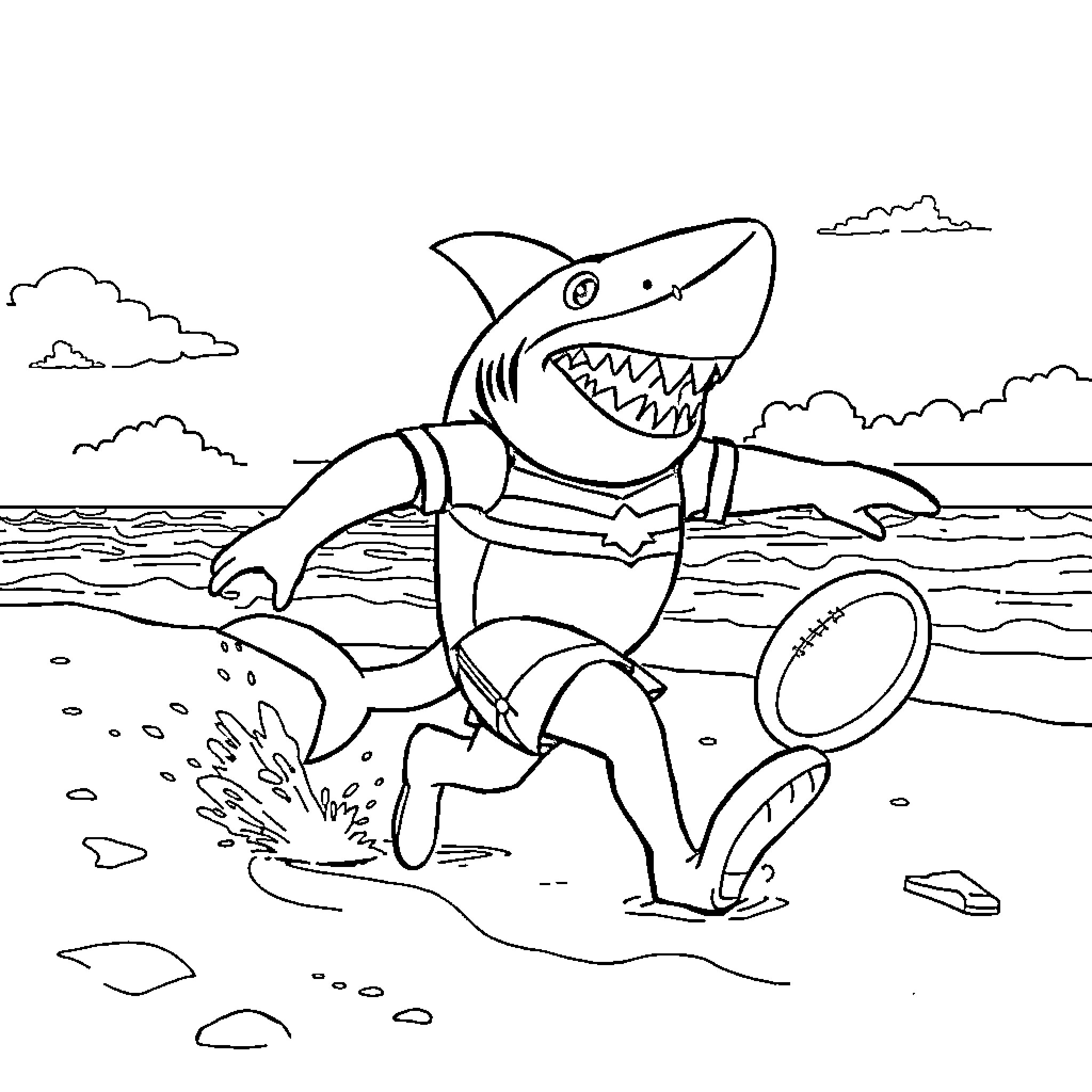 Shark running excitedly on the beach Coloring Page (free black-and-white line drawing printable PDF for all, from beginners to advanced learners, including children, teens, adults, and seniors)