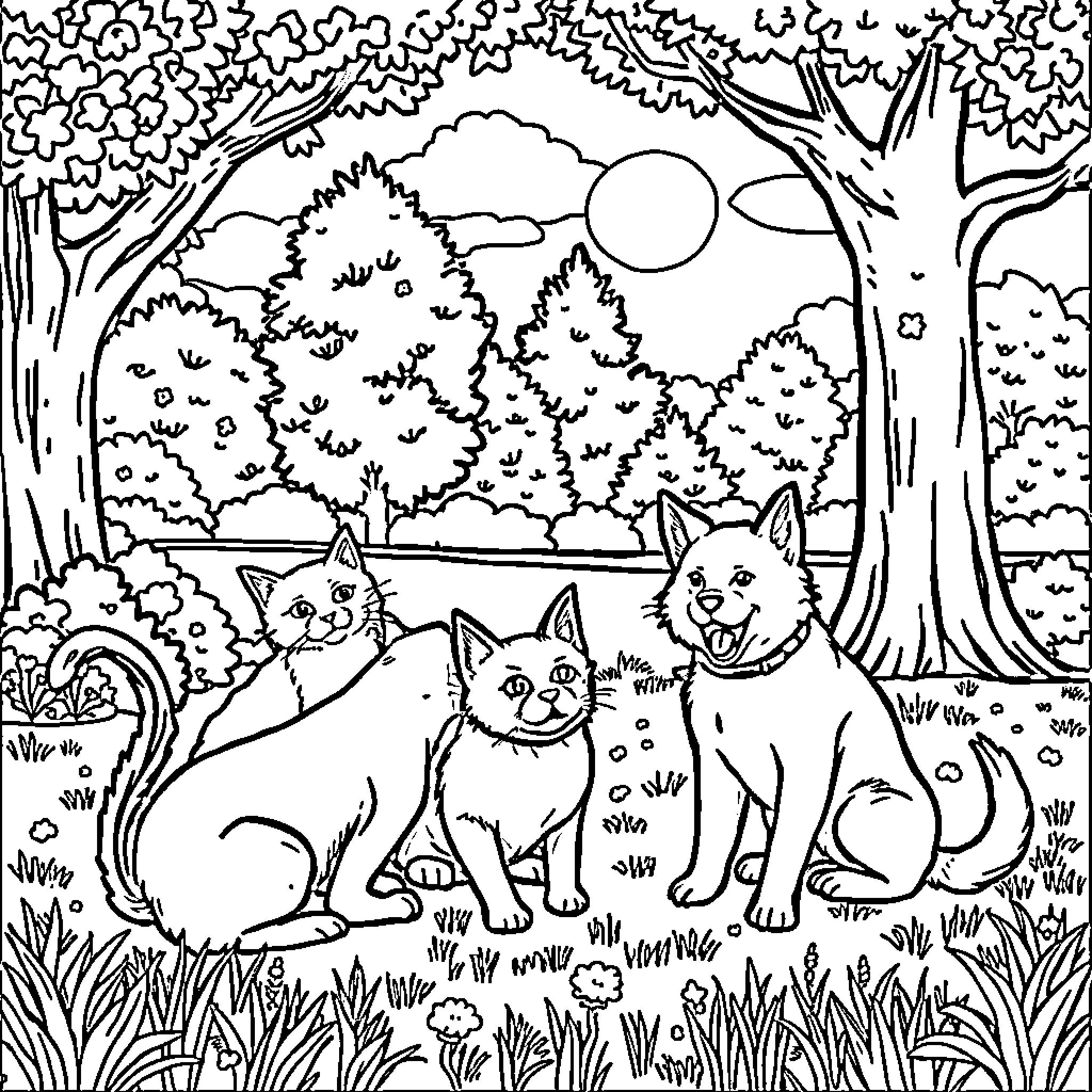 Cat and Dog playing in the forest Coloring Page (free black-and-white line drawing printable PDF for all, from beginners to advanced learners, including children, teens, adults, and seniors)