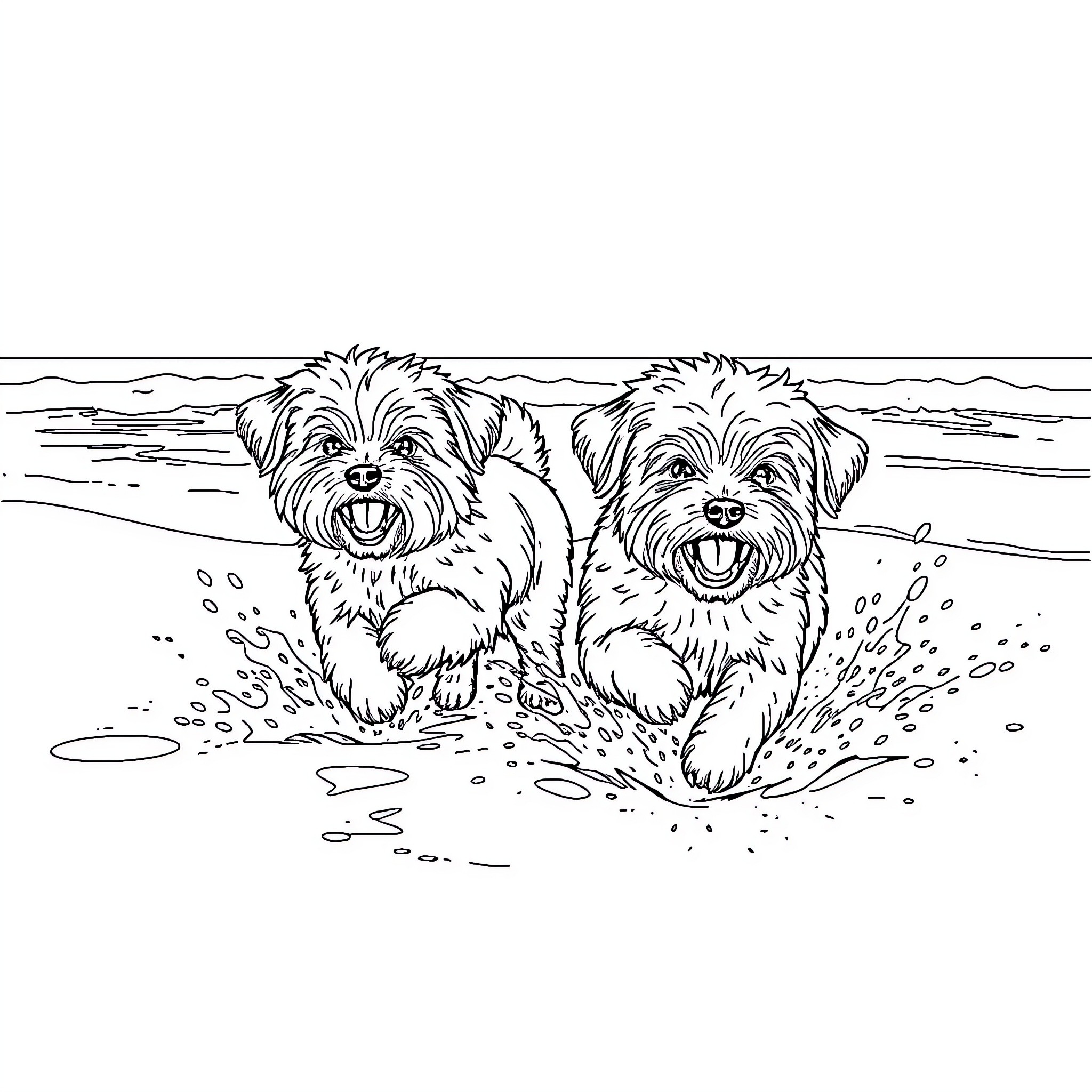 Poochon pals playing in the shallow waters Coloring Page (free black-and-white line drawing printable PDF for all, from beginners to advanced learners, including children, teens, adults, and seniors)