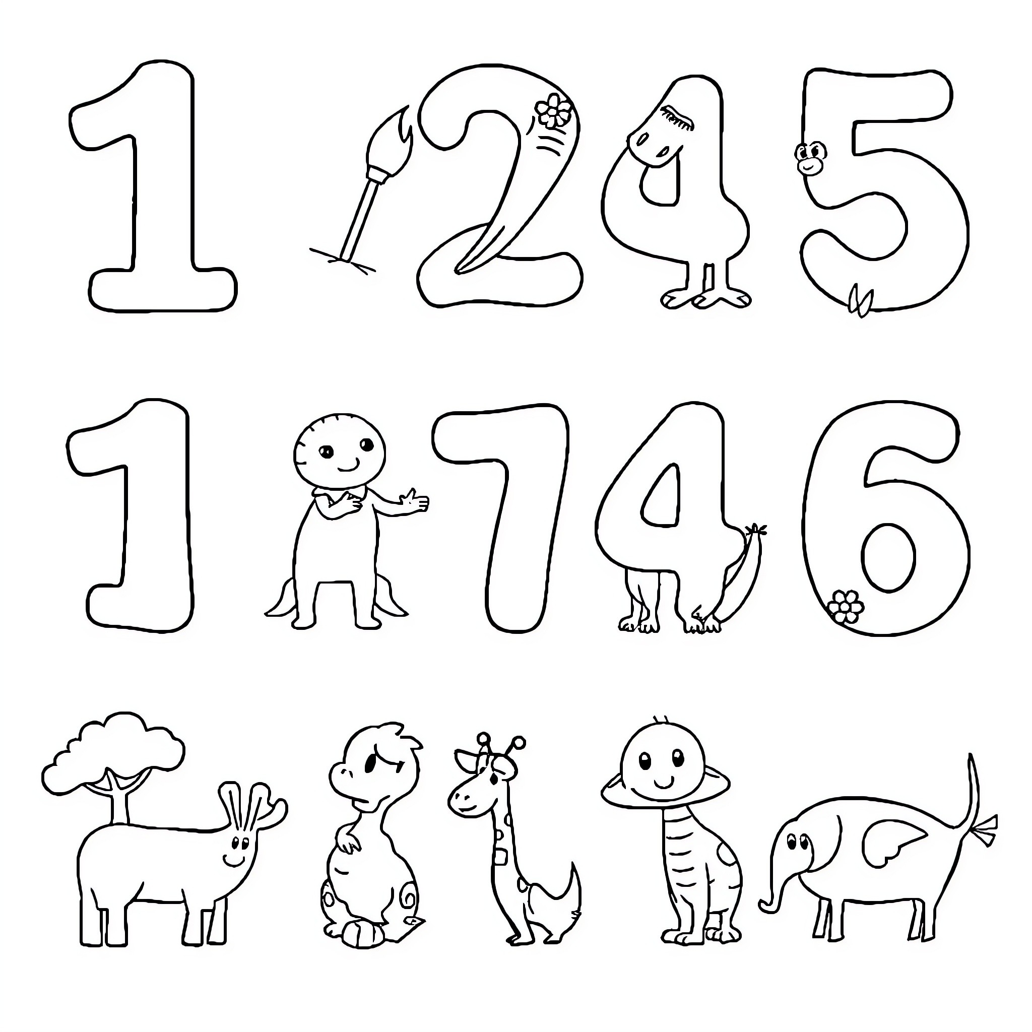 Number Doodle Designs with Cartoon Animals Coloring Page (free black-and-white line drawing printable PDF for all, from beginners to advanced learners, including children, teens, adults, and seniors)