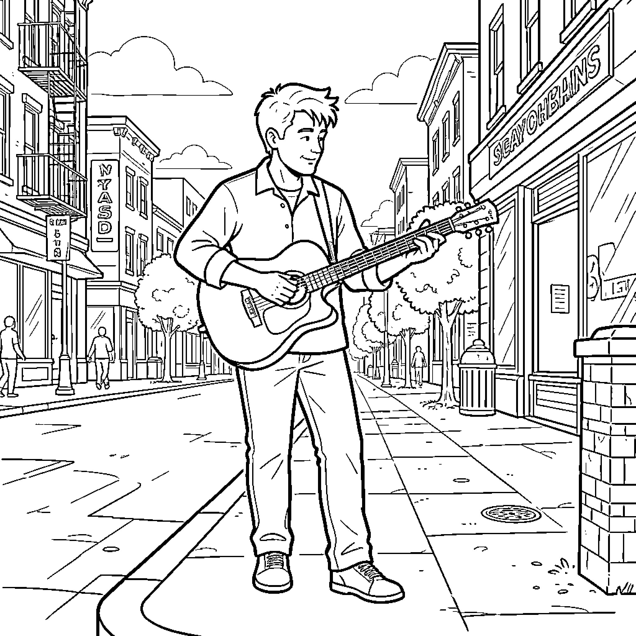Guitar player performing on city street Coloring Page (free black-and-white line drawing printable PDF for all, from beginners to advanced learners, including children, teens, adults, and seniors)