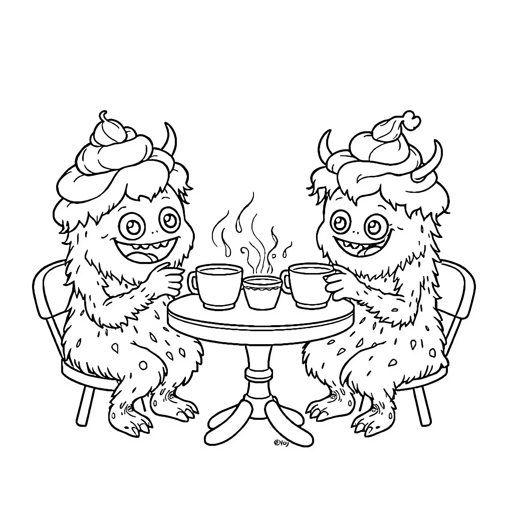 Cupcake Monsters Enjoying Warm Beverages Coloring Page (free black-and-white line drawing printable PDF for all, from beginners to advanced learners, including children, teens, adults, and seniors)