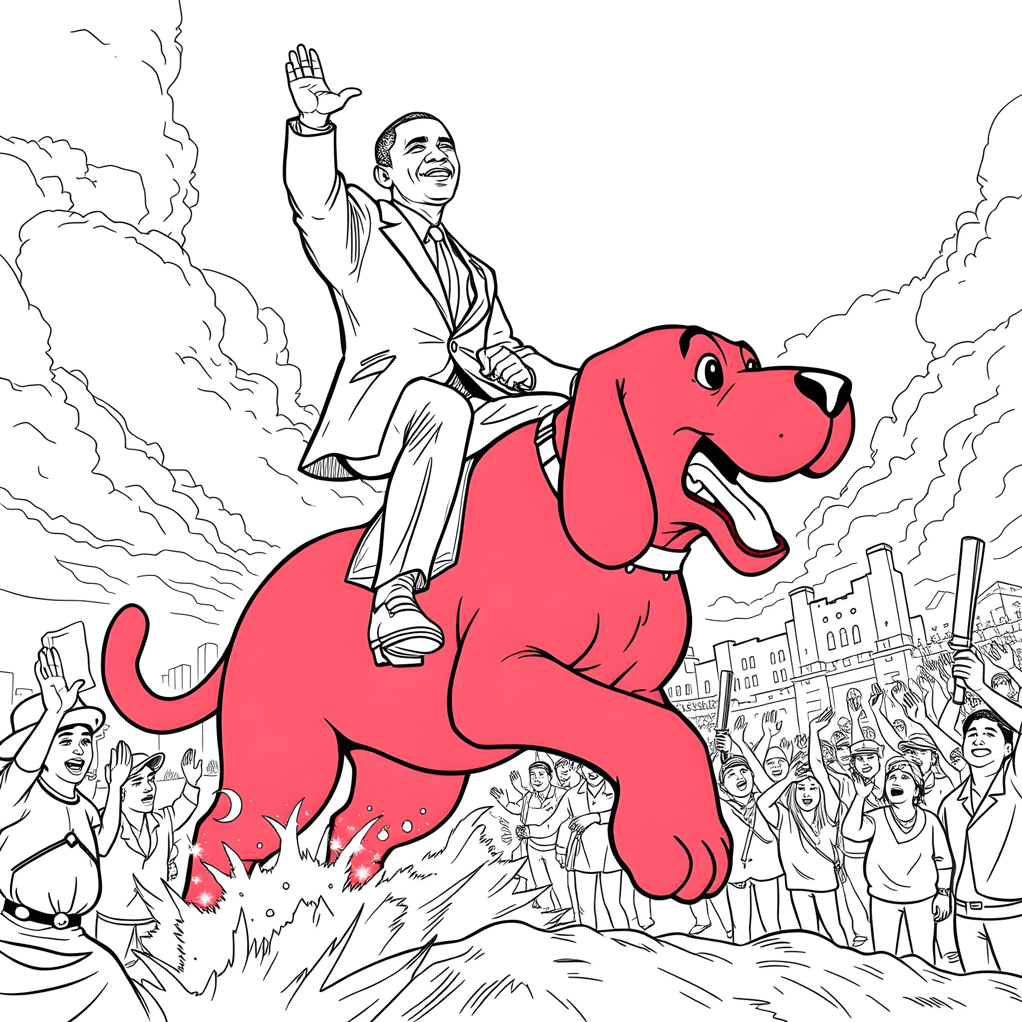 Obama riding a giant red dog in a crowd Coloring Page (free black-and-white line drawing printable PDF for all, from beginners to advanced learners, including children, teens, adults, and seniors)