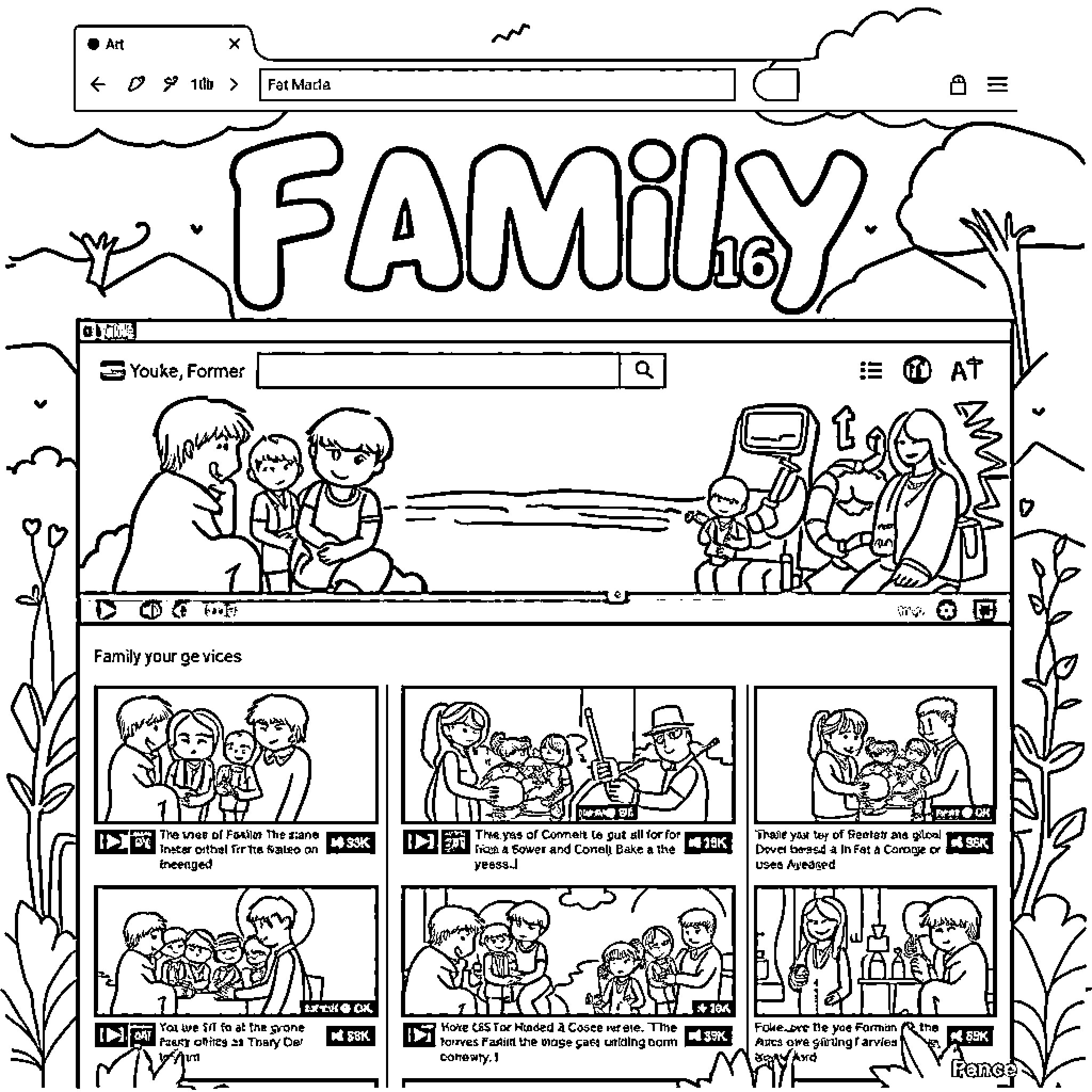 YouTube Family Bonding Moments Coloring Page (free black-and-white line drawing printable PDF for all, from beginners to advanced learners, including children, teens, adults, and seniors)