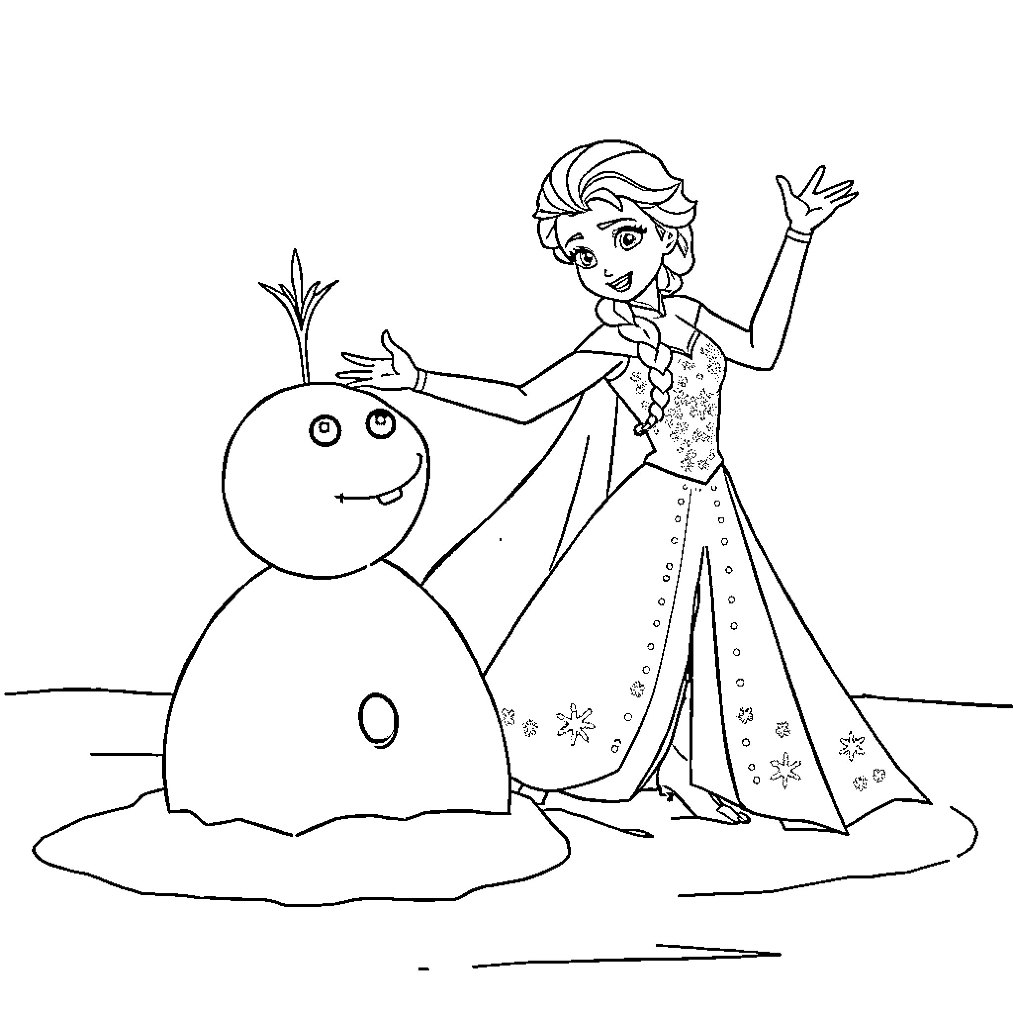 Elsa's snowy adventure with a friendly snowman Coloring Page (free black-and-white line drawing printable PDF for all, from beginners to advanced learners, including children, teens, adults, and seniors)