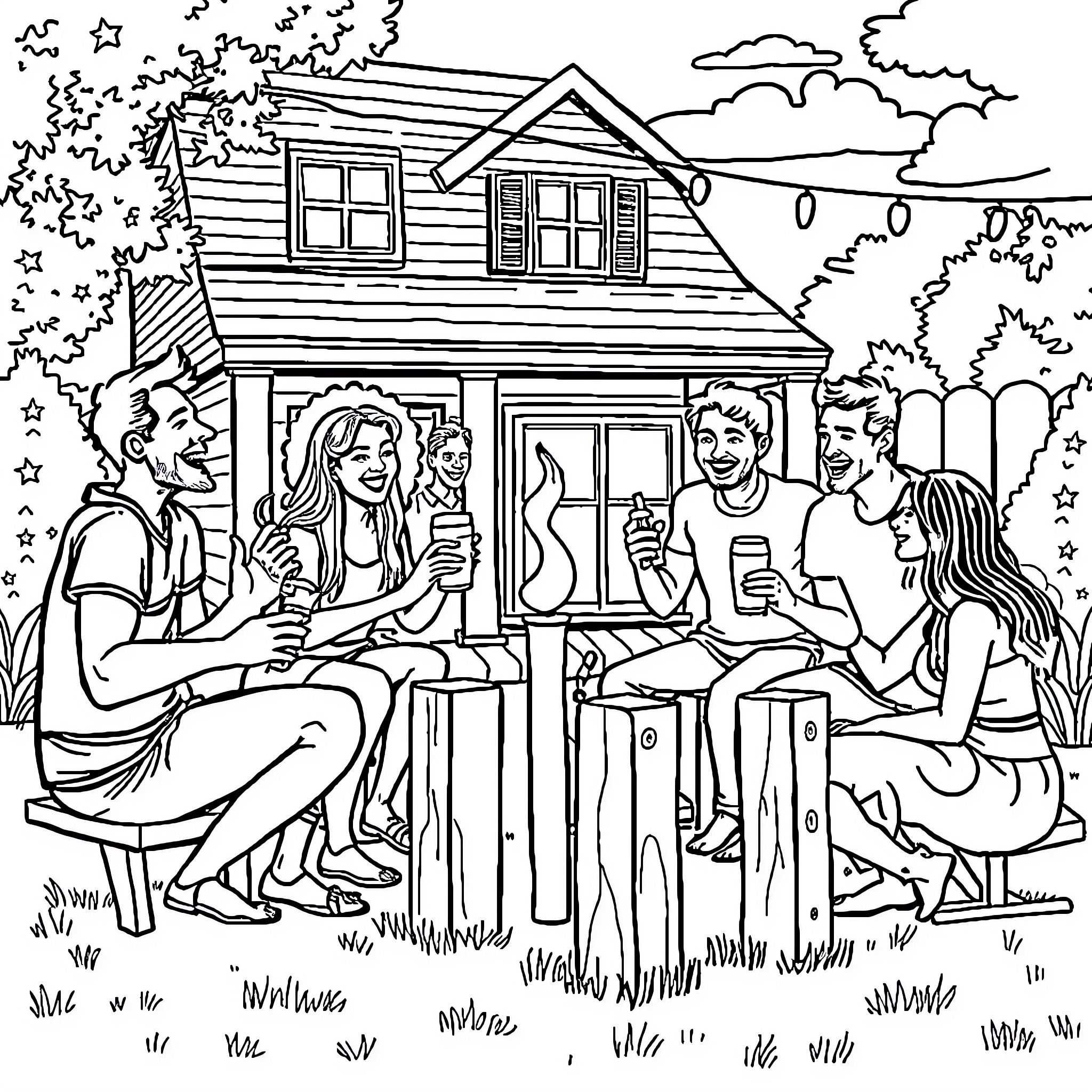 Party people enjoying outdoor gathering on patio Coloring Page (free black-and-white line drawing printable PDF for all, from beginners to advanced learners, including children, teens, adults, and seniors)