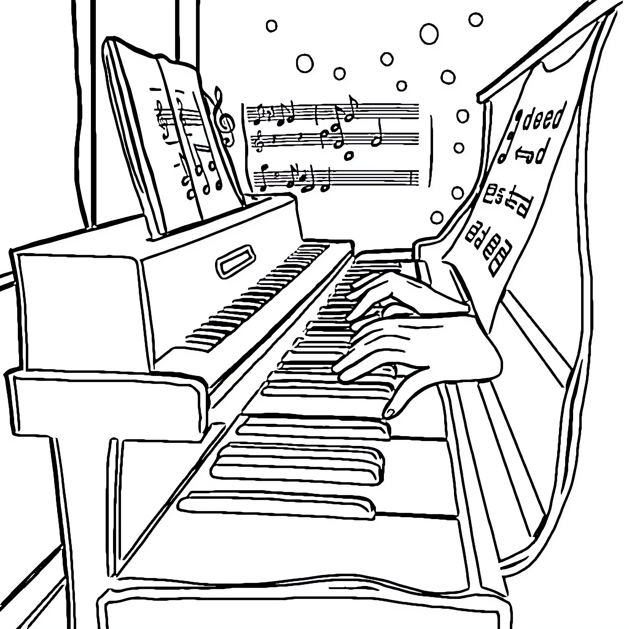 Piano player performing in concert Coloring Page (free black-and-white line drawing printable PDF for all, from beginners to advanced learners, including children, teens, adults, and seniors)