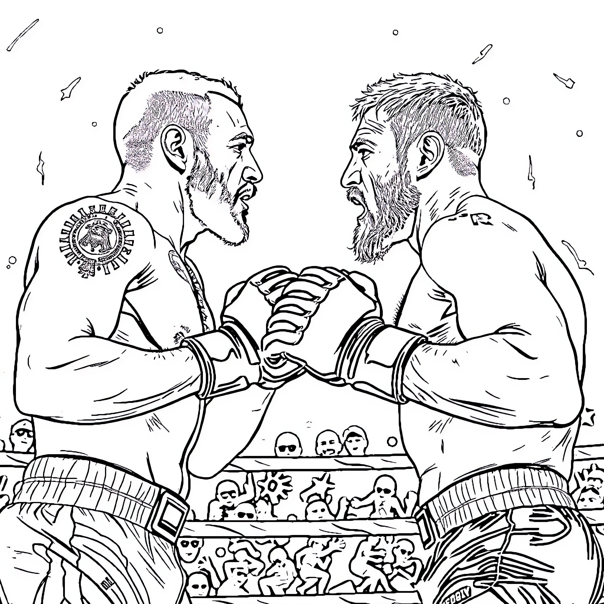 Fighter opponents facing off in intense combat scene Coloring Page (free black-and-white line drawing printable PDF for all, from beginners to advanced learners, including children, teens, adults, and seniors)