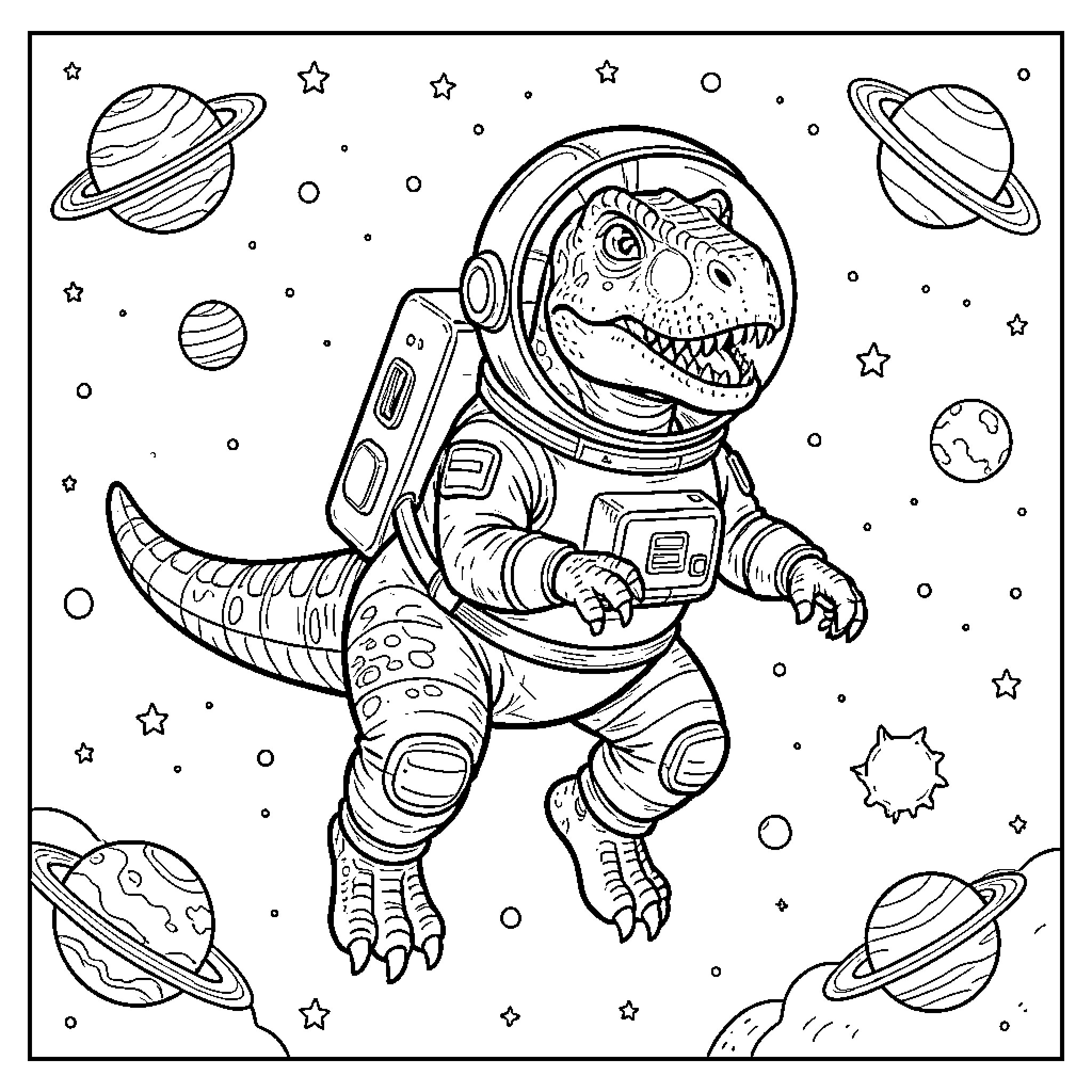 Dinosaur astronaut exploring the cosmic universe Coloring Page (free black-and-white line drawing printable PDF for all, from beginners to advanced learners, including children, teens, adults, and seniors)