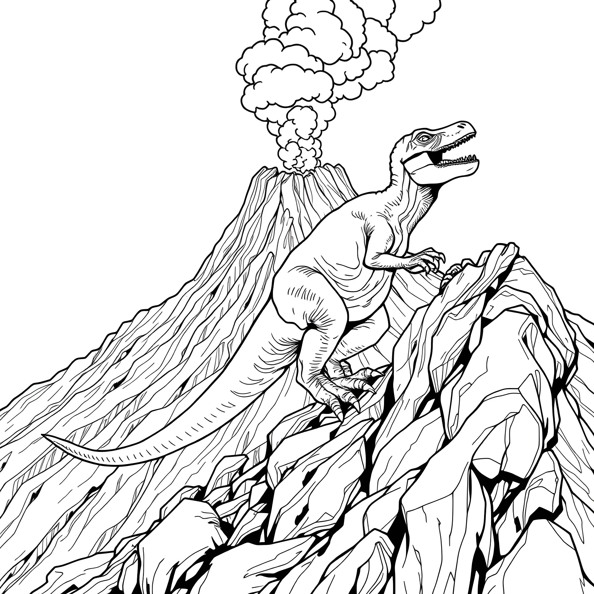 Dinosaur erupting from volcanic mountain Coloring Page (free black-and-white line drawing printable PDF for all, from beginners to advanced learners, including children, teens, adults, and seniors)