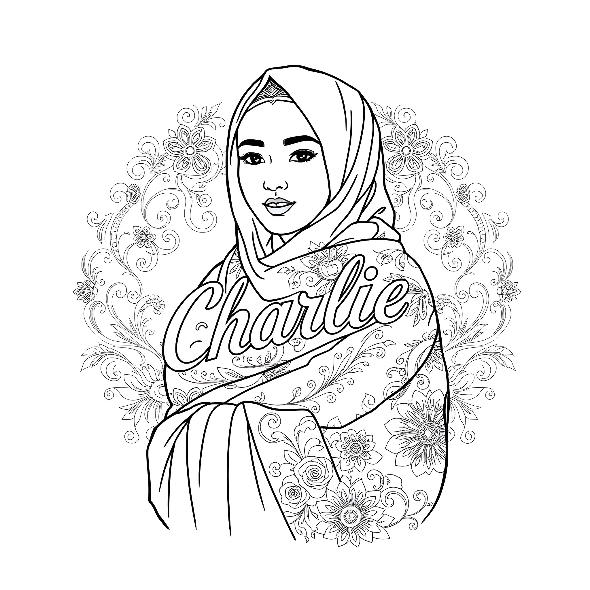 Javanese woman in traditional floral hijab Coloring Page (free black-and-white line drawing printable PDF for all, from beginners to advanced learners, including children, teens, adults, and seniors)