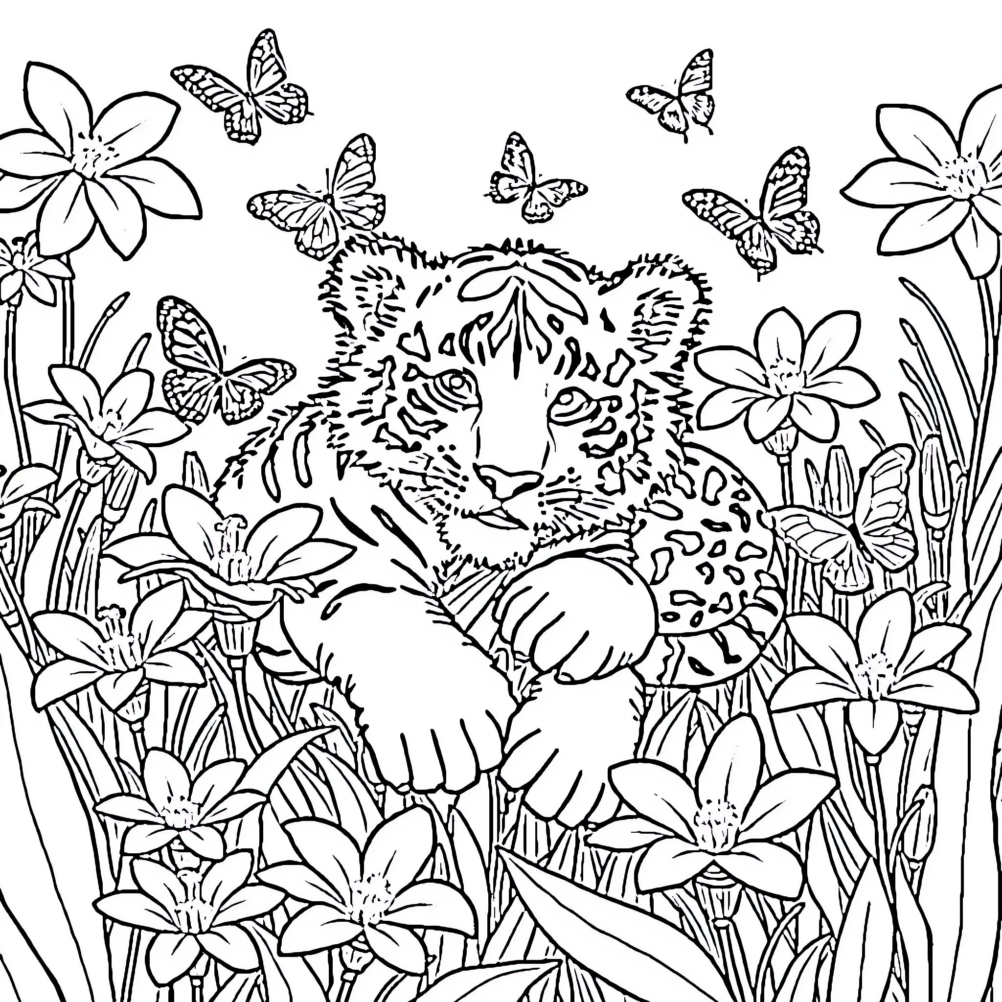 Tiger Cub Hiding Amidst Flowers and Butterflies Coloring Page (free black-and-white line drawing printable PDF for all, from beginners to advanced learners, including children, teens, adults, and seniors)