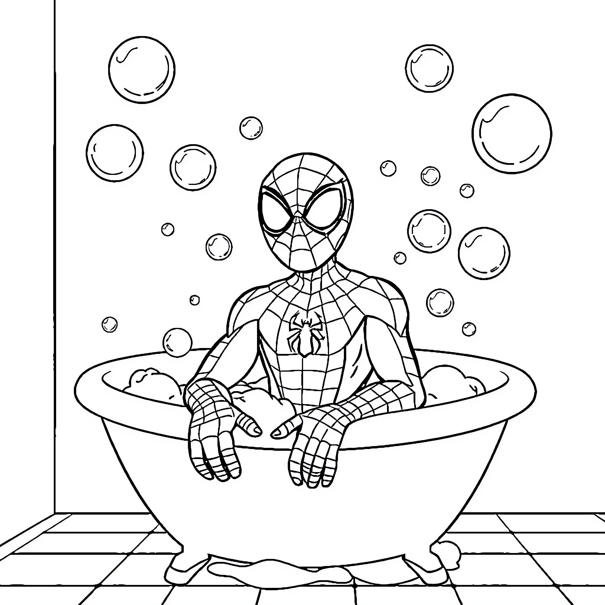 Spiderman relaxing in a bubbly bathtub Coloring Page (free black-and-white line drawing printable PDF for all, from beginners to advanced learners, including children, teens, adults, and seniors)