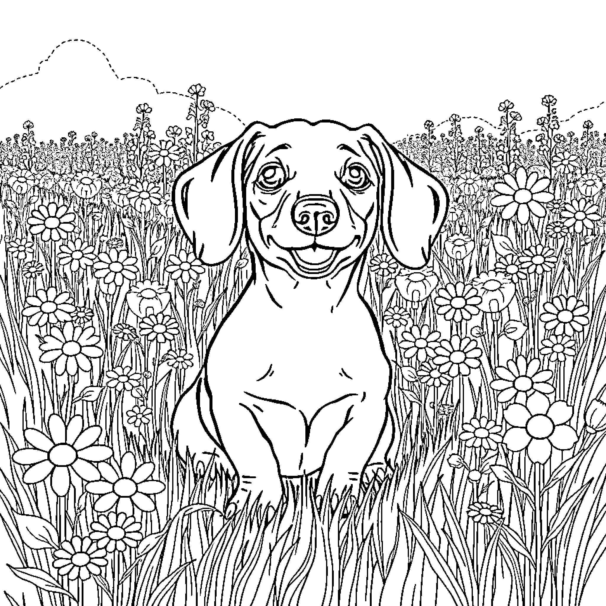 Dachshund sitting amidst a floral meadow Coloring Page (free black-and-white line drawing printable PDF for all, from beginners to advanced learners, including children, teens, adults, and seniors)