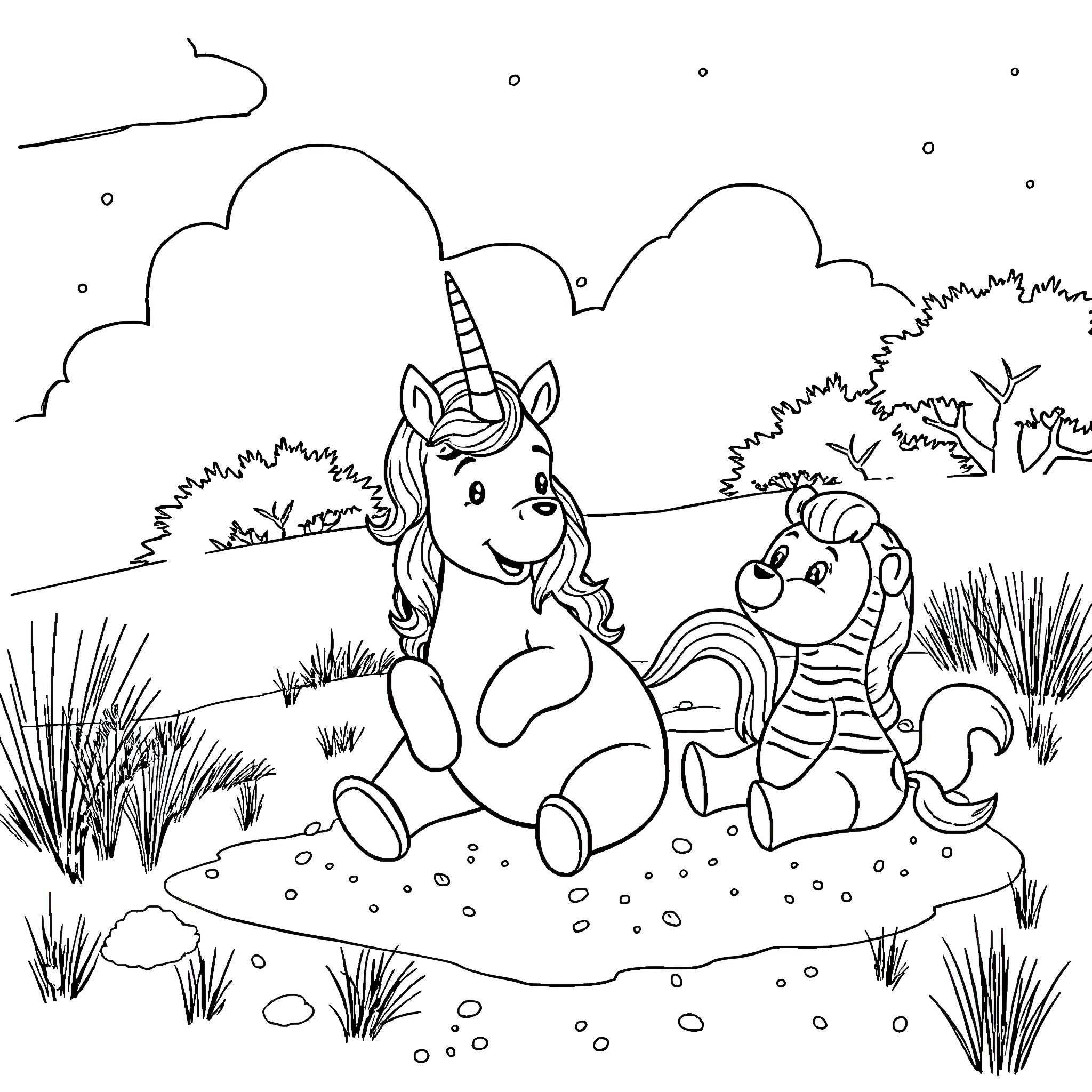 Unicorn relaxing in enchanted meadow with friendly caterpillar Coloring Page (free black-and-white line drawing printable PDF for all, from beginners to advanced learners, including children, teens, adults, and seniors)