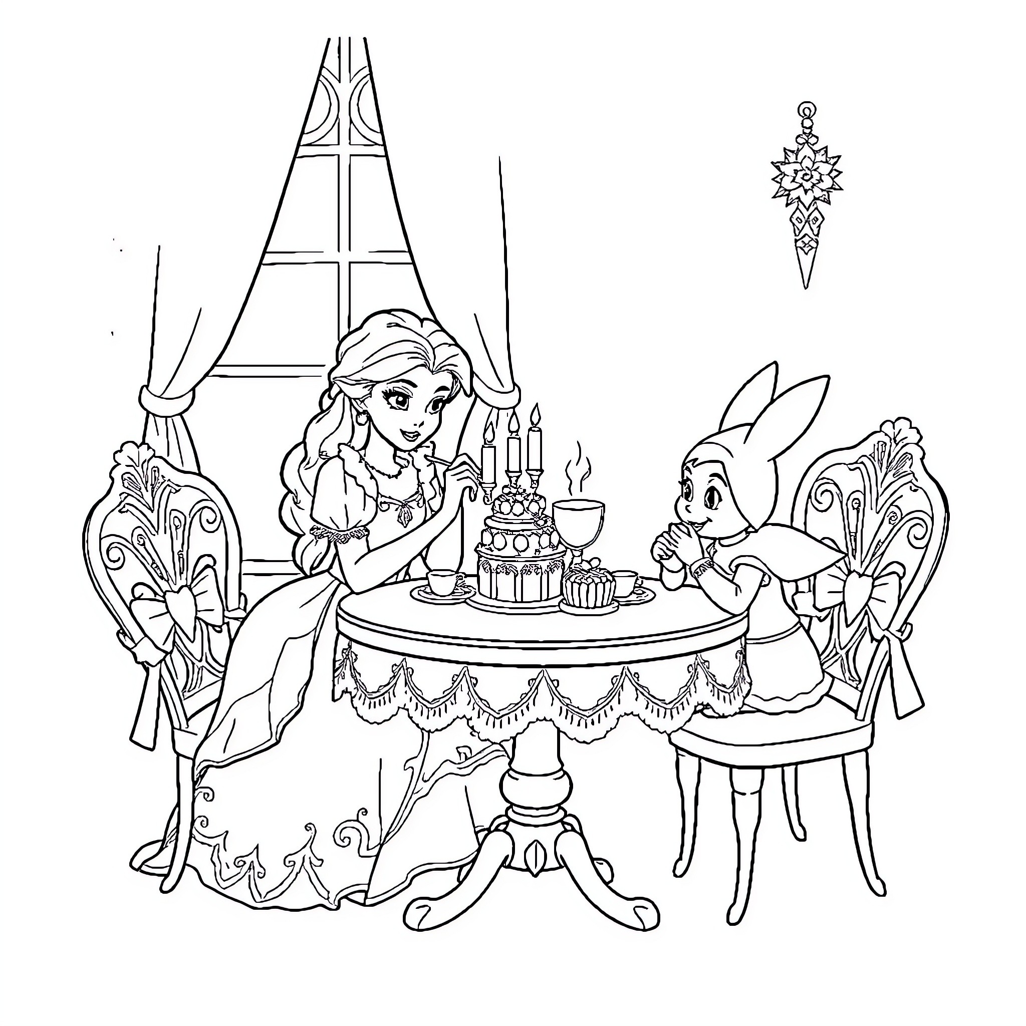 Snow Queen Celebrating with Rabbit and Cake Coloring Page (free black-and-white line drawing printable PDF for all, from beginners to advanced learners, including children, teens, adults, and seniors)