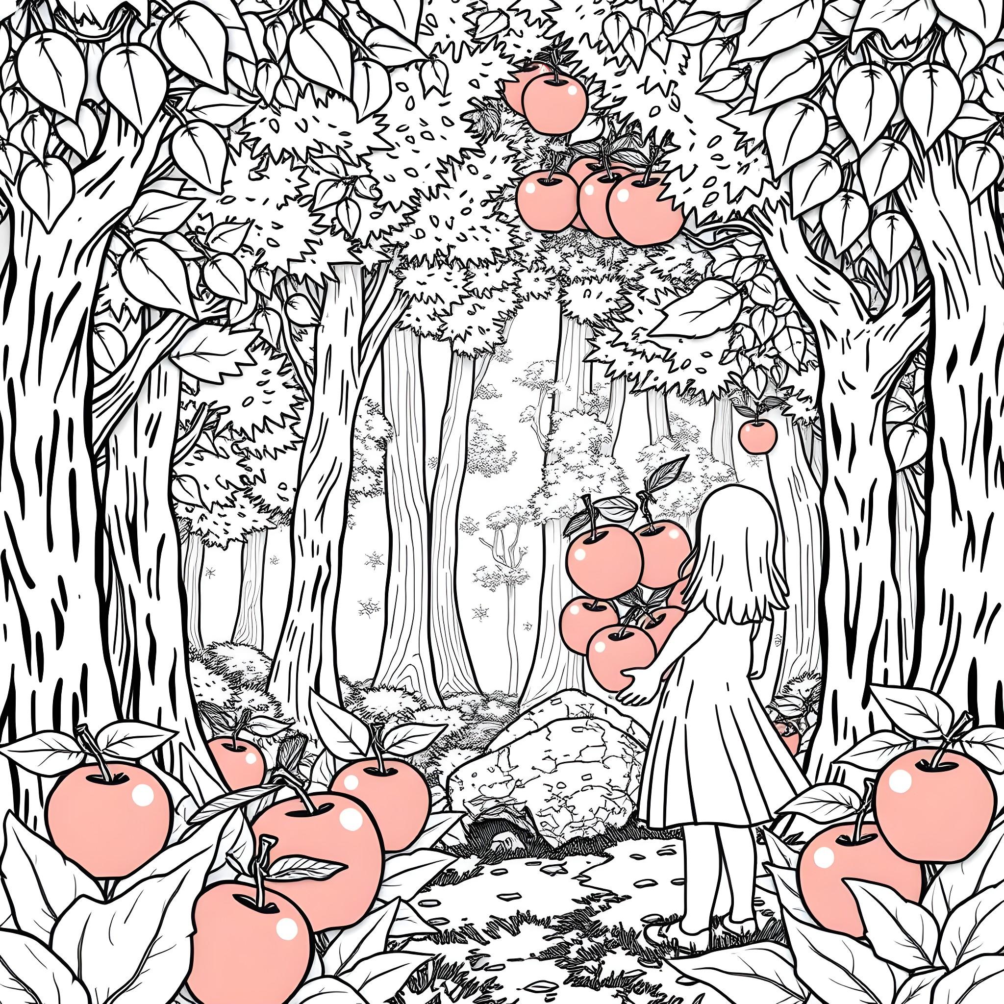 Apple Forest with Mysterious Pixie and Apples Coloring Page (free black-and-white line drawing printable PDF for all, from beginners to advanced learners, including children, teens, adults, and seniors)