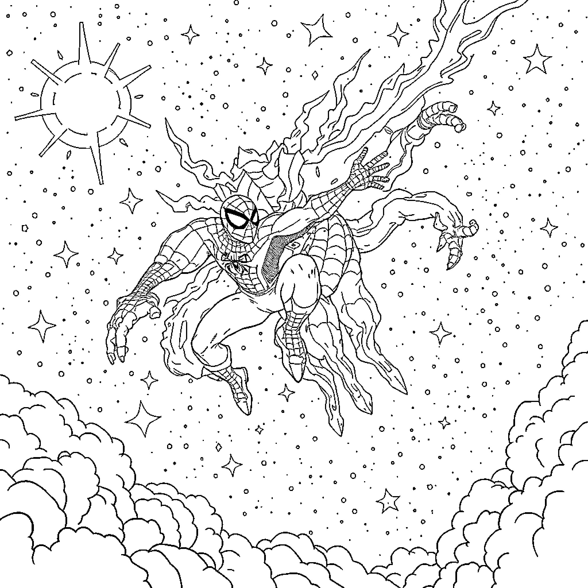 Spider-Man swinging through the cosmic sky Coloring Page (free black-and-white line drawing printable PDF for all, from beginners to advanced learners, including children, teens, adults, and seniors)
