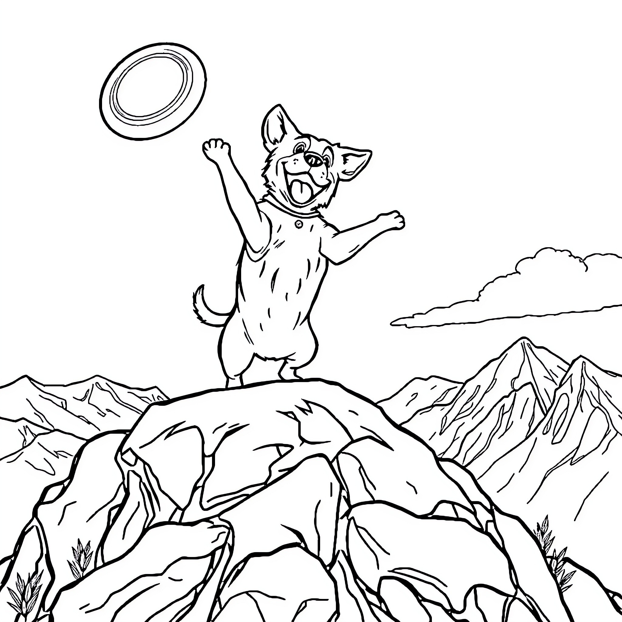 Dog playing joyfully with frisbee in scenic mountains Coloring Page (free black-and-white line drawing printable PDF for all, from beginners to advanced learners, including children, teens, adults, and seniors)
