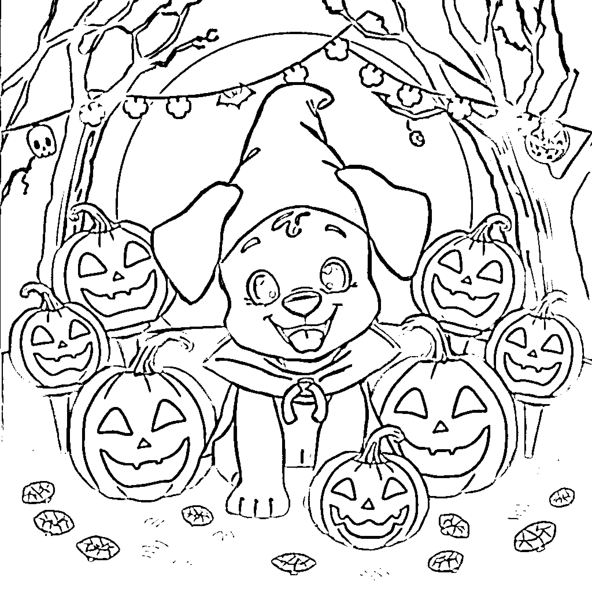 Bluey's Halloween adventure with pumpkins Coloring Page (free black-and-white line drawing printable PDF for all, from beginners to advanced learners, including children, teens, adults, and seniors)